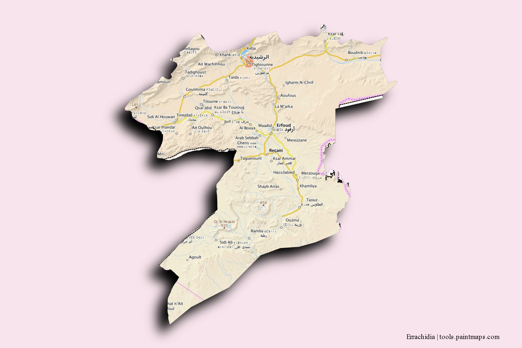 Mapa de barrios y pueblos de Errachidia con efecto de sombra 3D