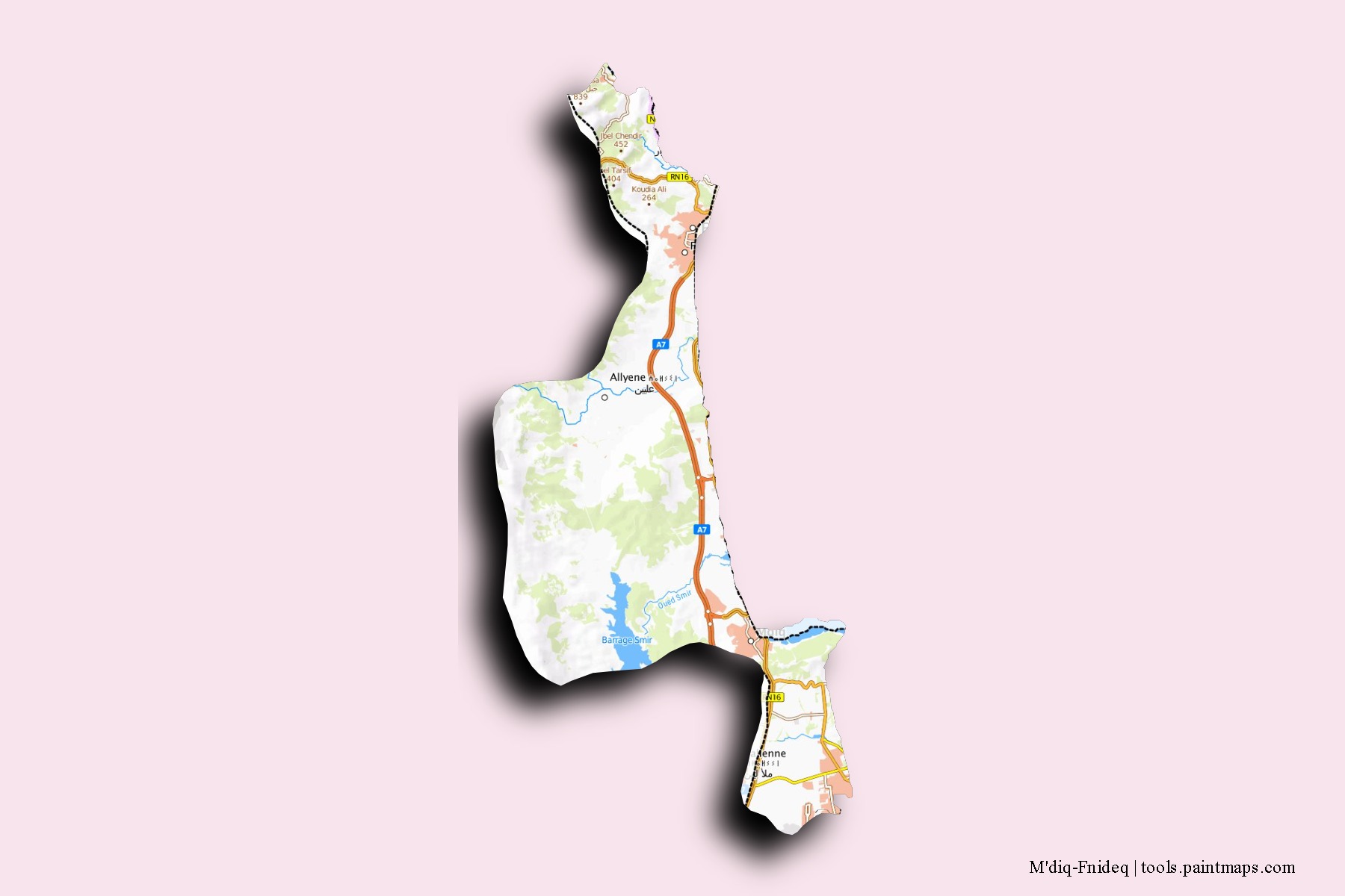 Mapa de barrios y pueblos de M'diq-Fnideq con efecto de sombra 3D