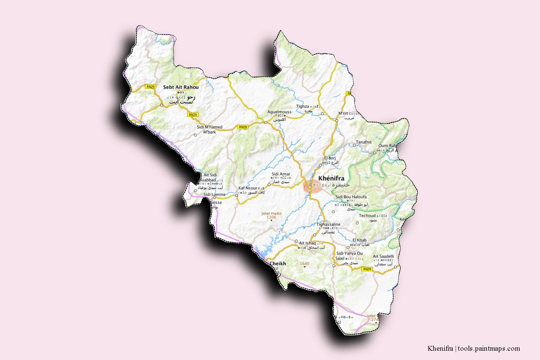 Mapa de barrios y pueblos de Khenifra con efecto de sombra 3D