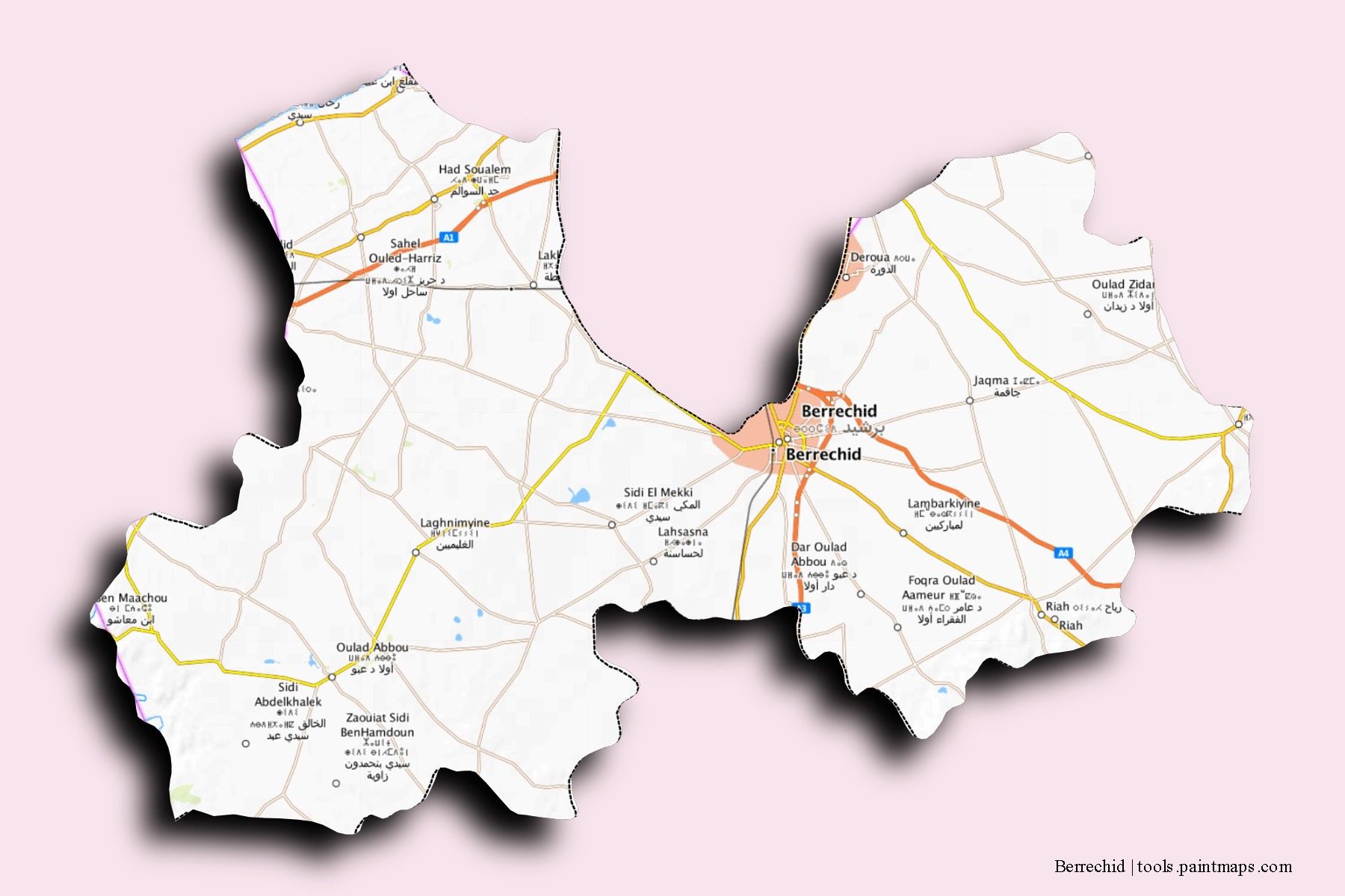 Mapa de barrios y pueblos de Berrechid con efecto de sombra 3D