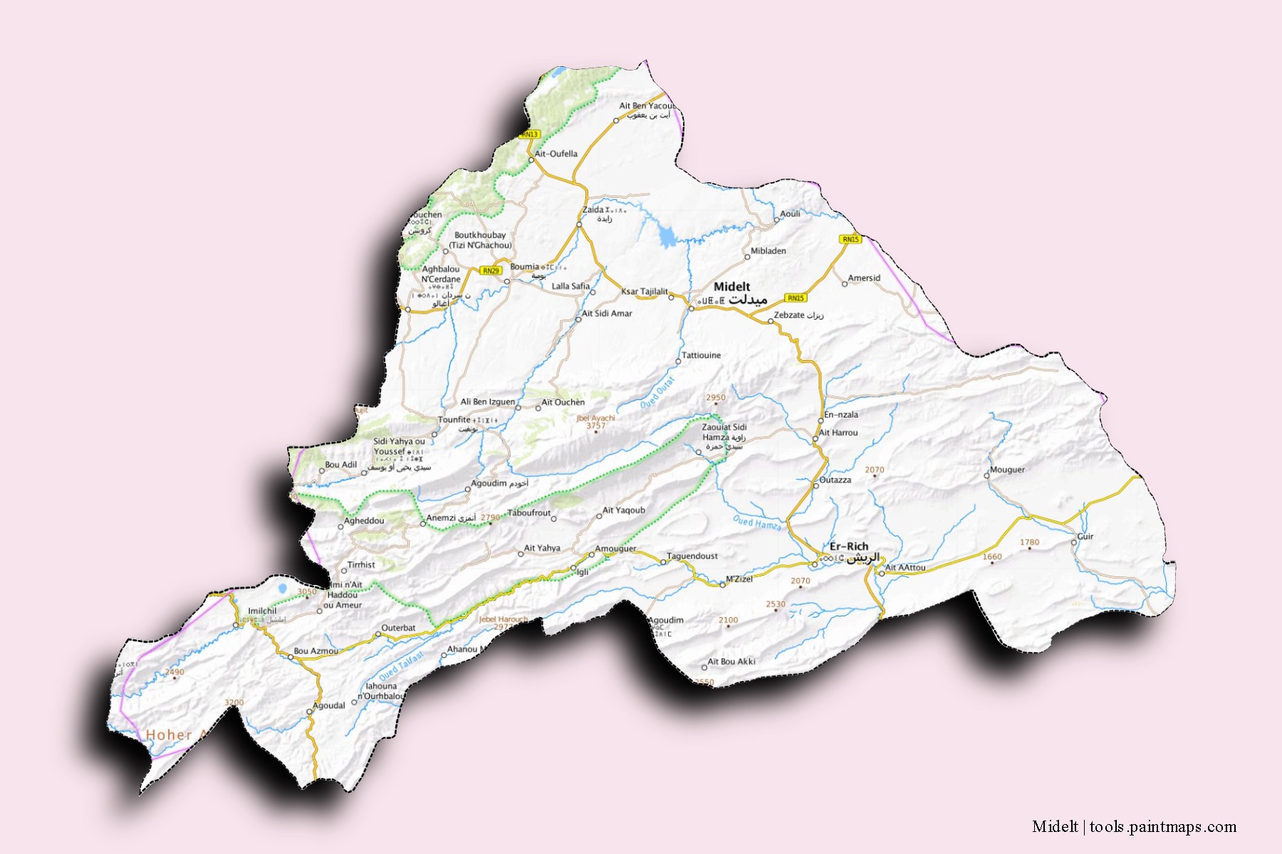 Mapa de barrios y pueblos de Midelt con efecto de sombra 3D