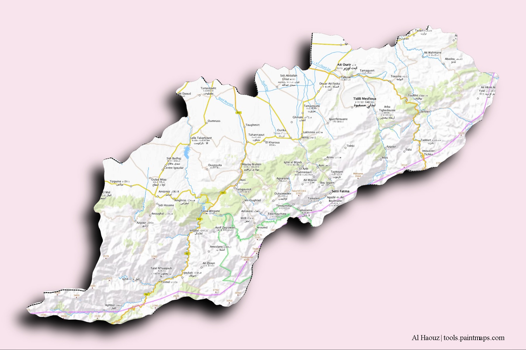 Mapa de barrios y pueblos de Al Haouz con efecto de sombra 3D