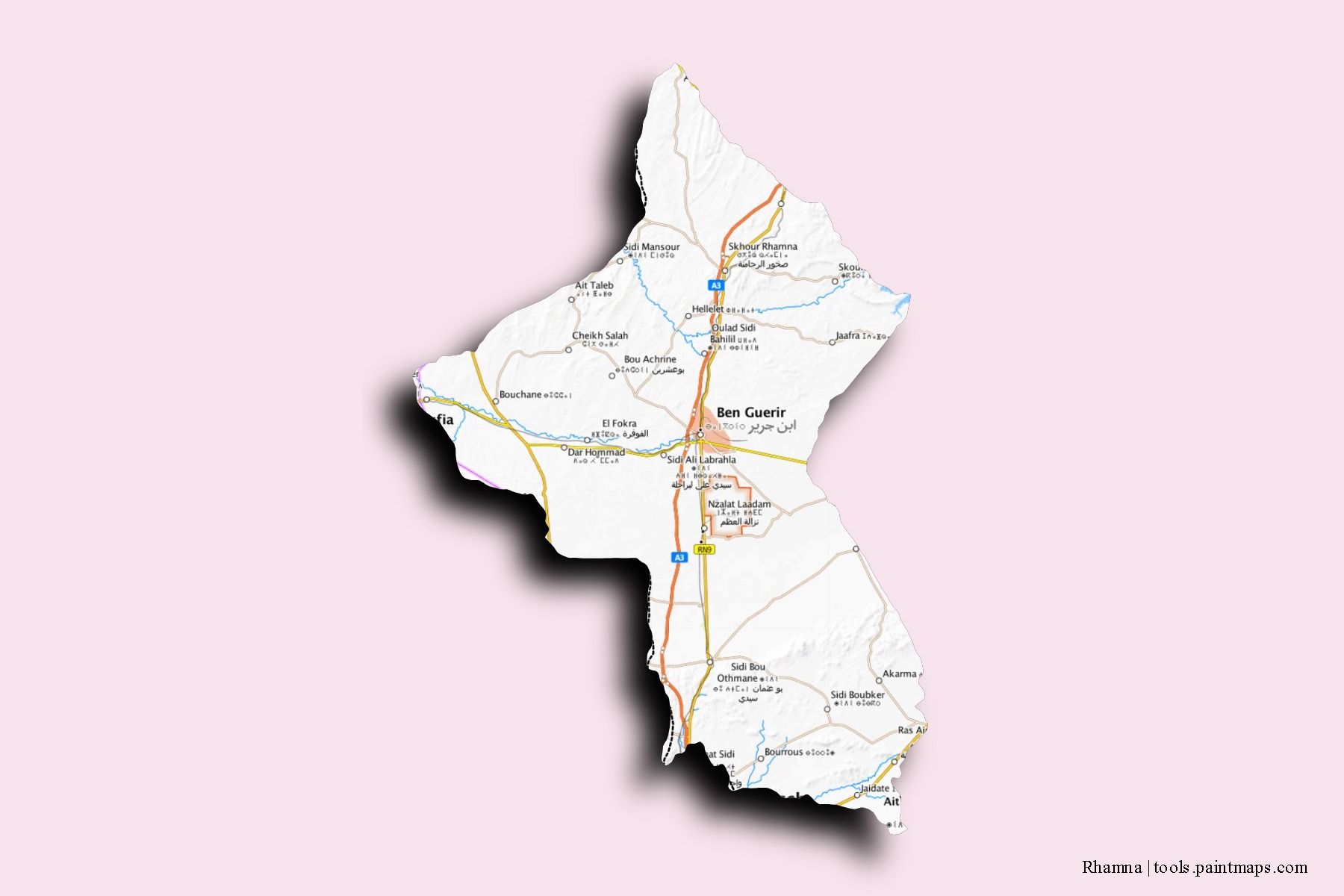 Mapa de barrios y pueblos de Rhamna con efecto de sombra 3D