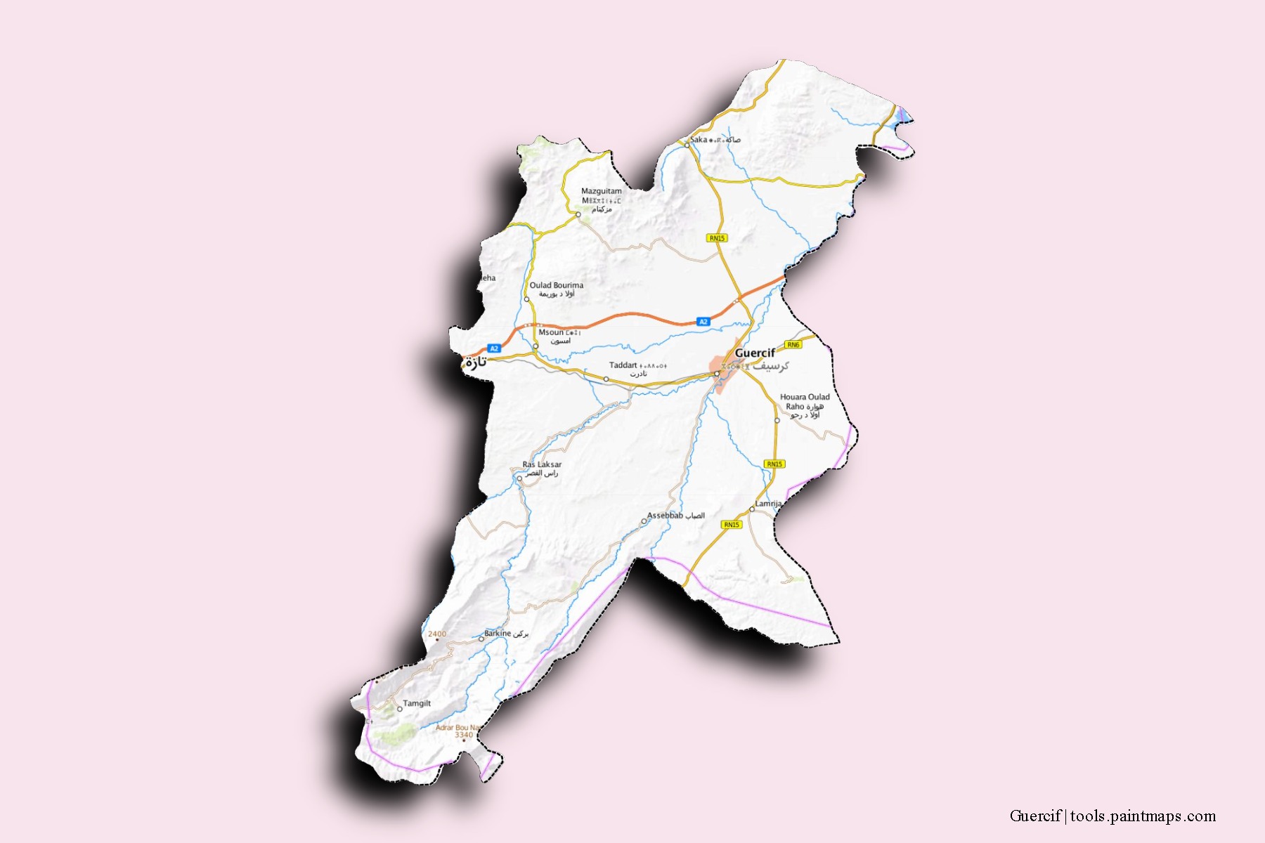 Guercif neighborhoods and villages map with 3D shadow effect