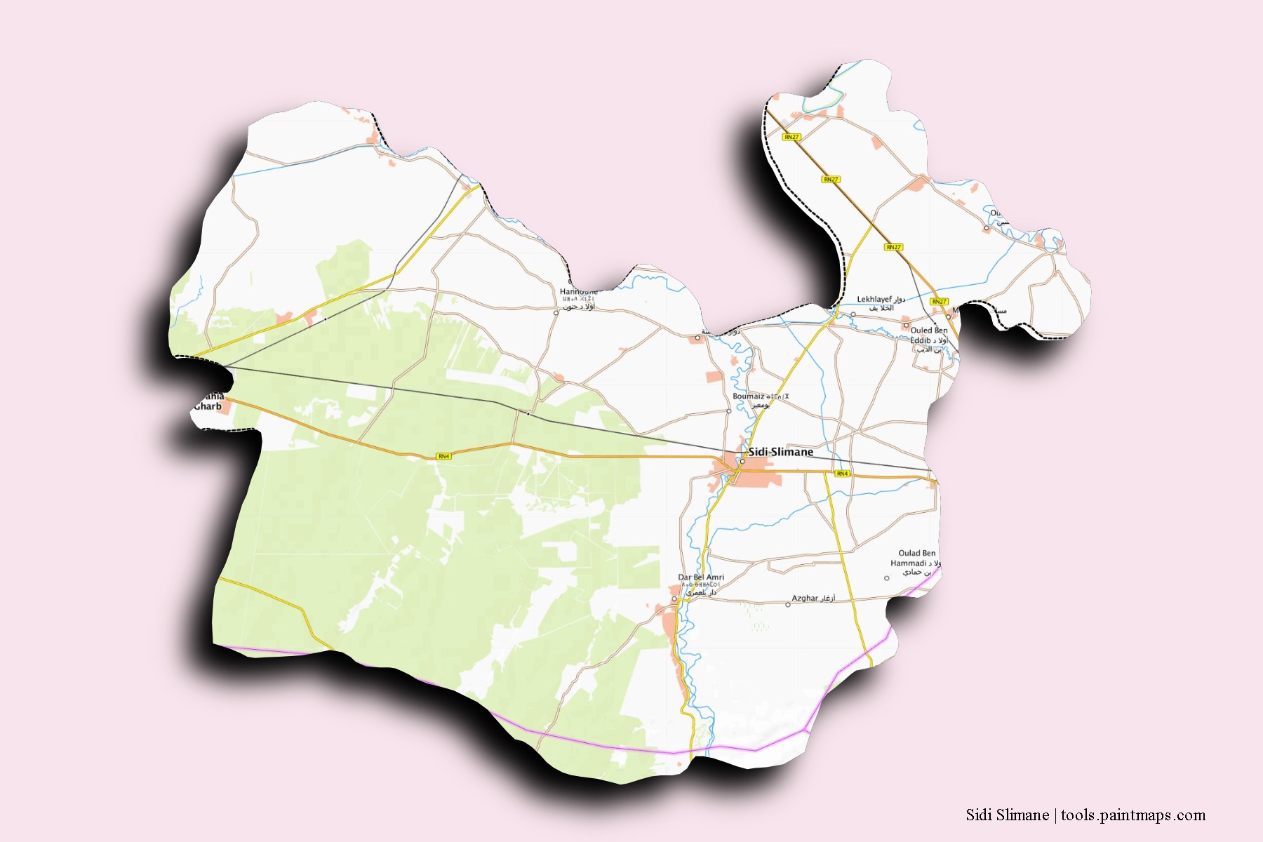 Mapa de barrios y pueblos de Sidi Slimane con efecto de sombra 3D