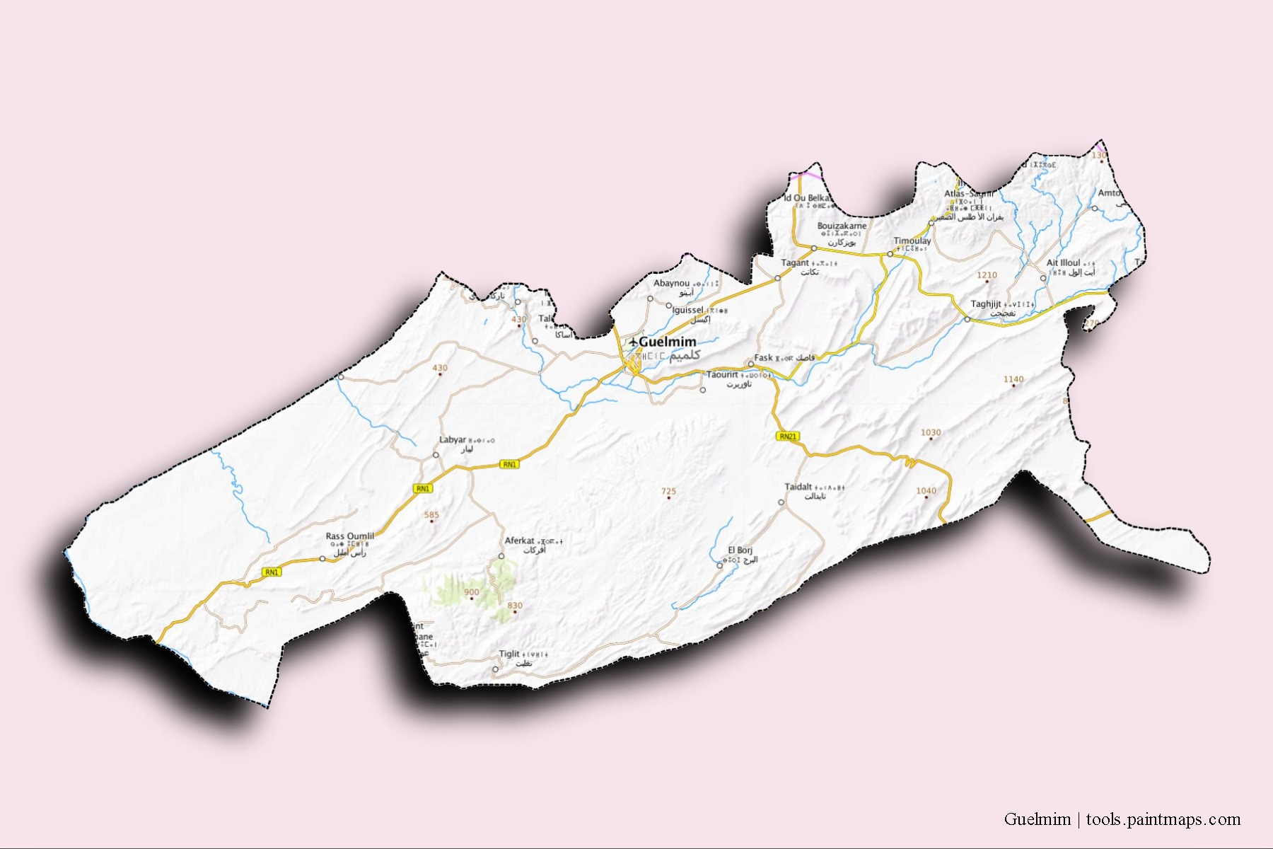 Mapa de barrios y pueblos de Guelmim con efecto de sombra 3D