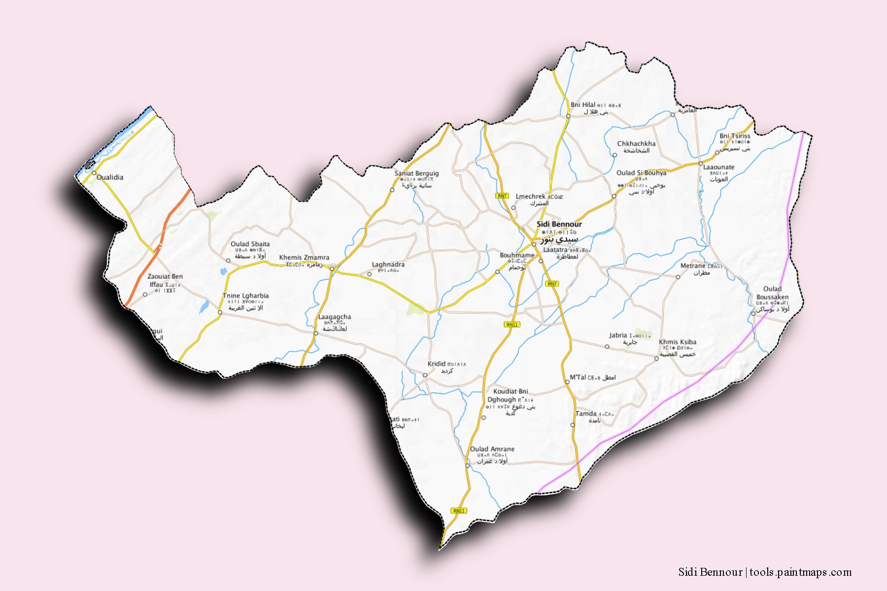 Mapa de barrios y pueblos de Sidi Bennour con efecto de sombra 3D