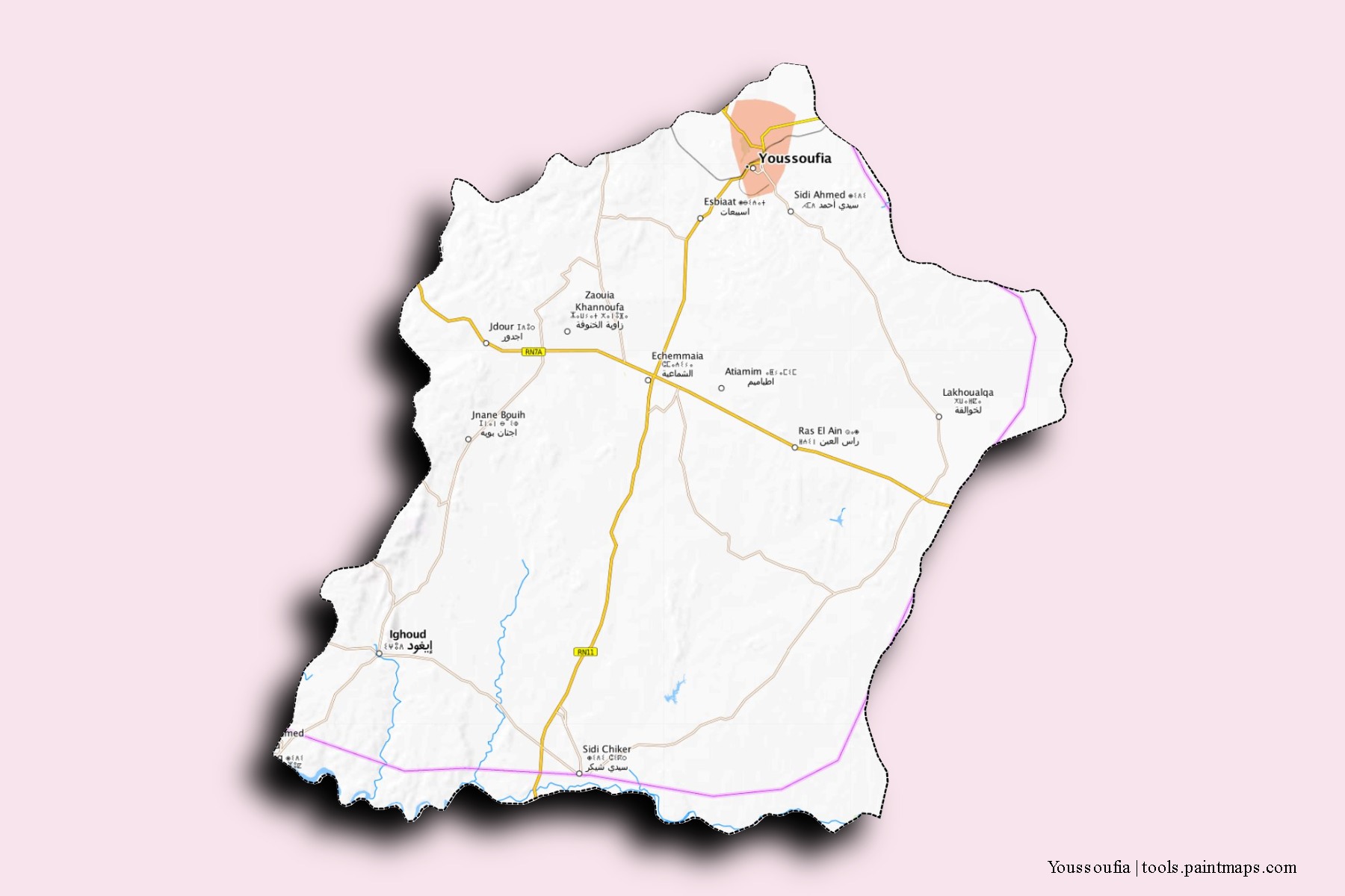 Mapa de barrios y pueblos de Youssoufia con efecto de sombra 3D