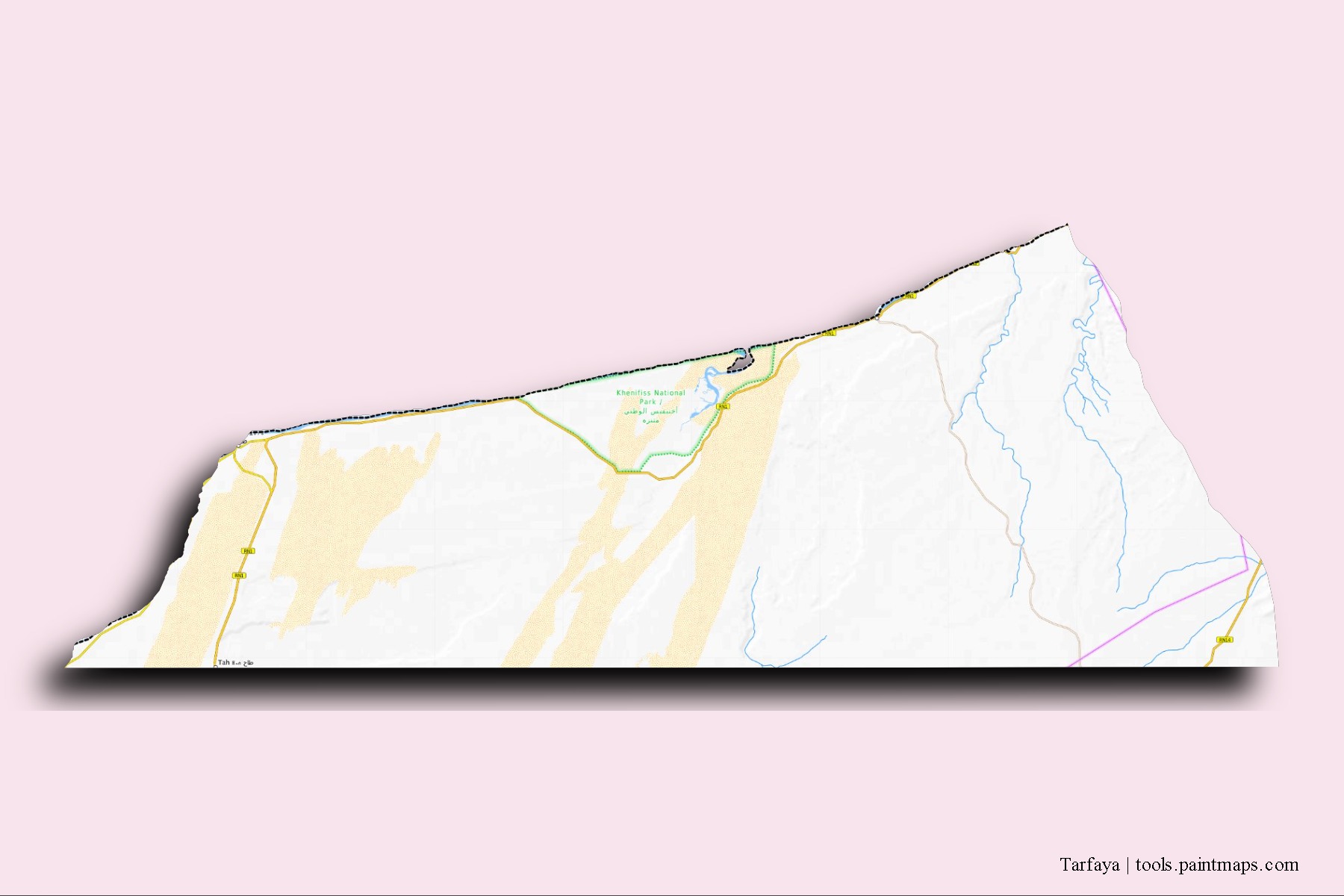 Mapa de barrios y pueblos de Tarfaya con efecto de sombra 3D