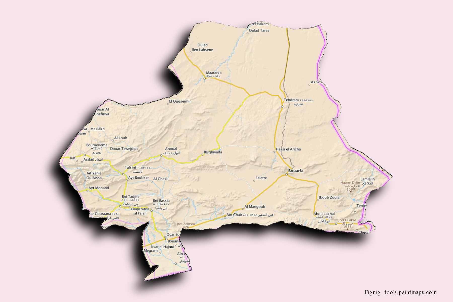 Mapa de barrios y pueblos de Figuig con efecto de sombra 3D