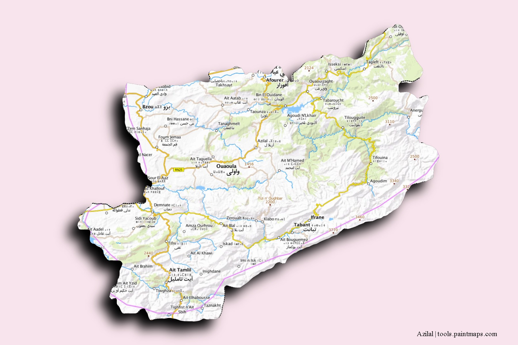 Mapa de barrios y pueblos de Azilal con efecto de sombra 3D