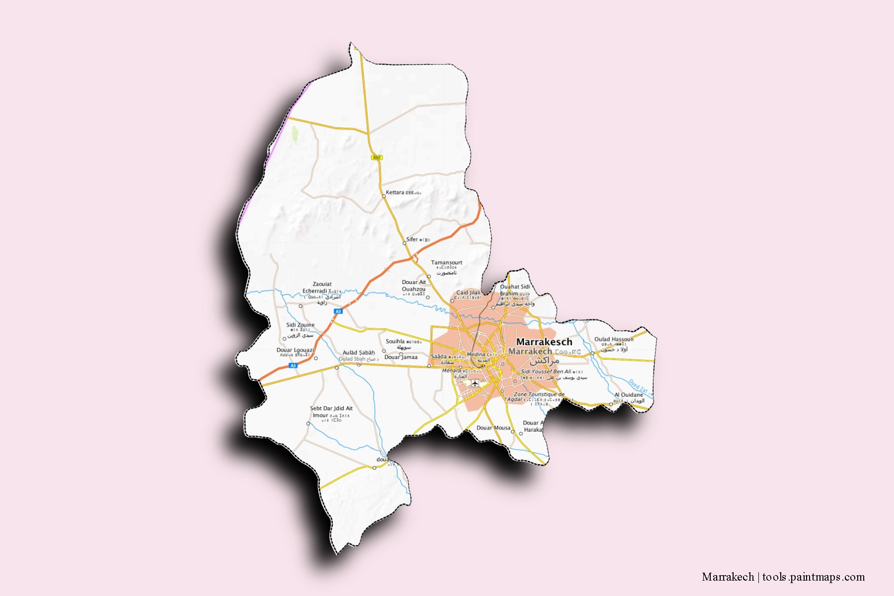 Mapa de barrios y pueblos de Marrakech con efecto de sombra 3D