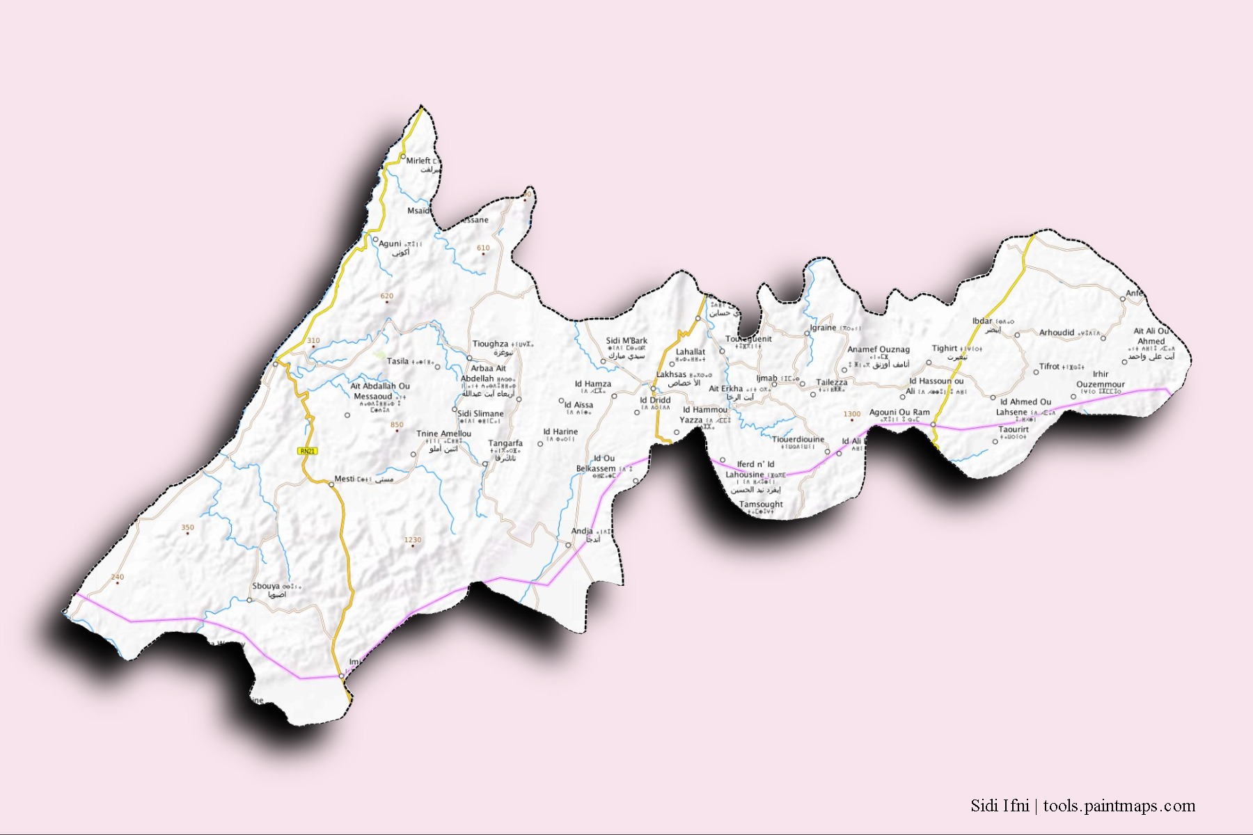 Mapa de barrios y pueblos de Sidi Ifni con efecto de sombra 3D