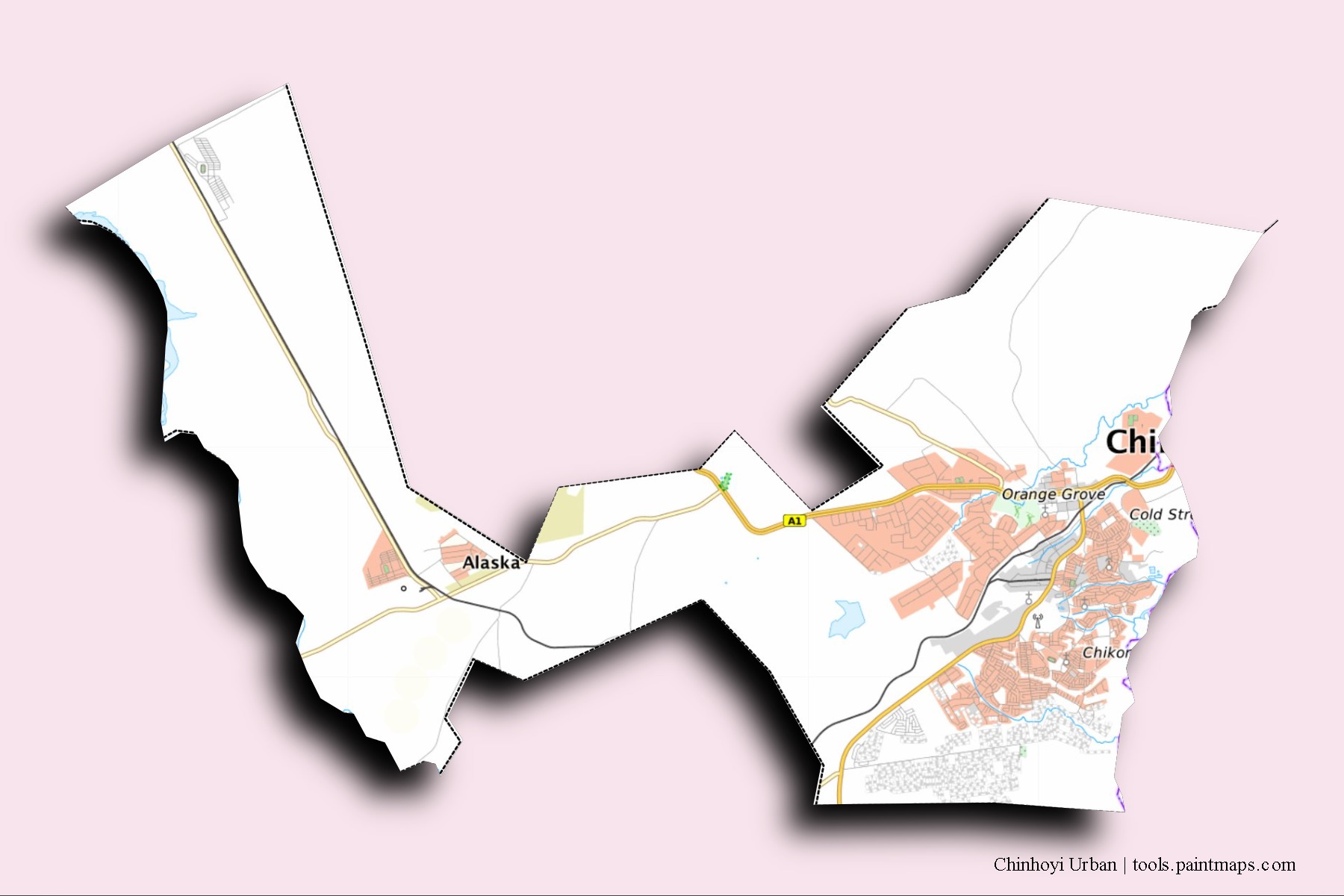 Chinhoyi Urban neighborhoods and villages map with 3D shadow effect