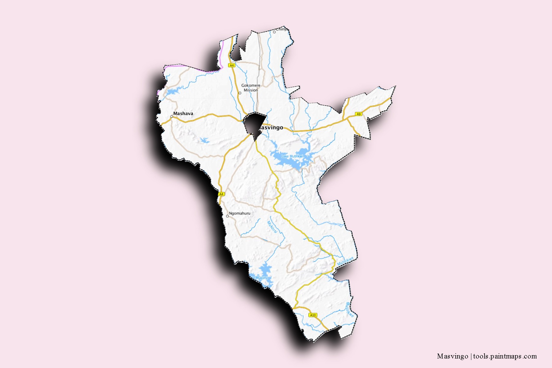 Mapa de barrios y pueblos de Masvingo con efecto de sombra 3D