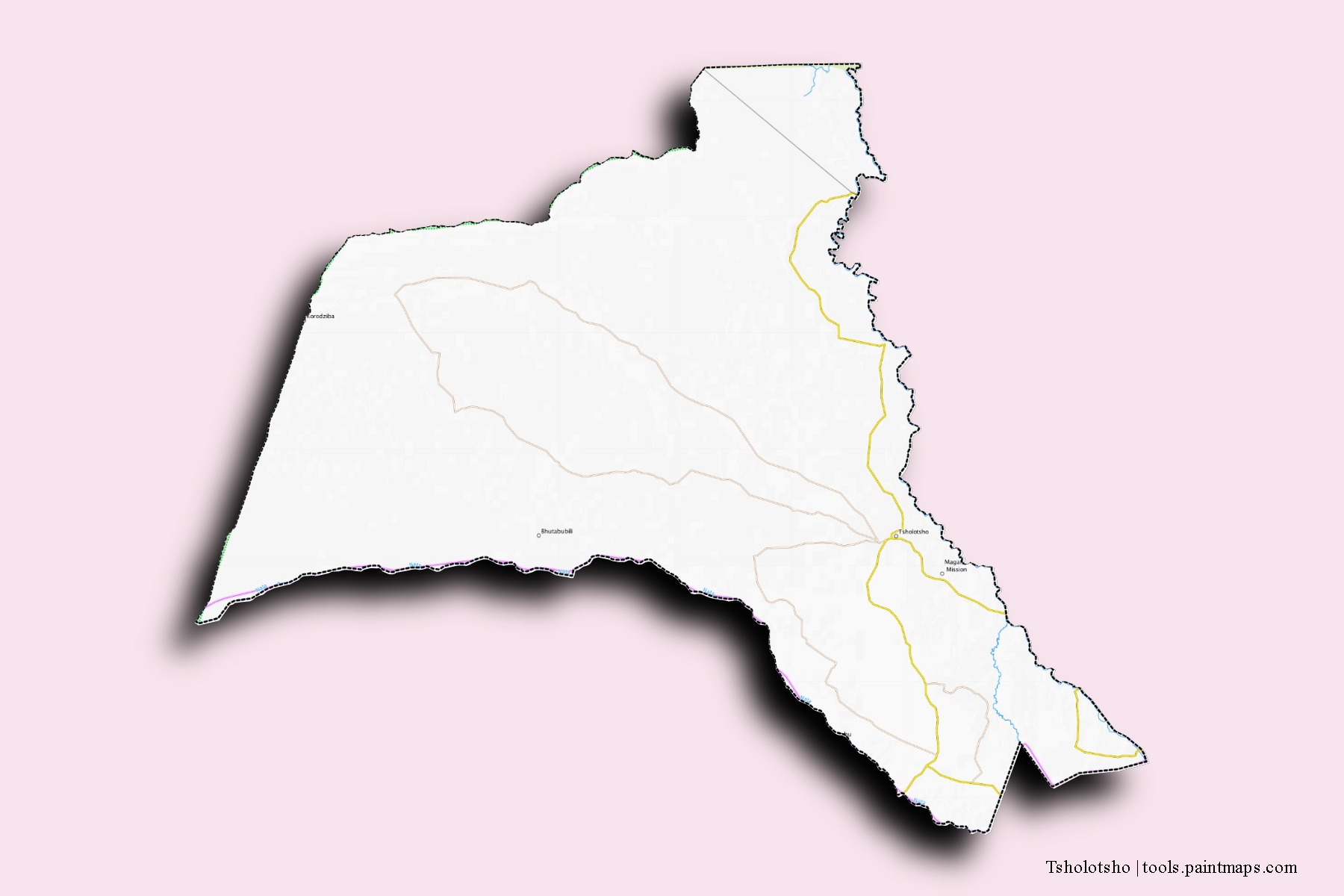 Mapa de barrios y pueblos de Tsholotsho con efecto de sombra 3D