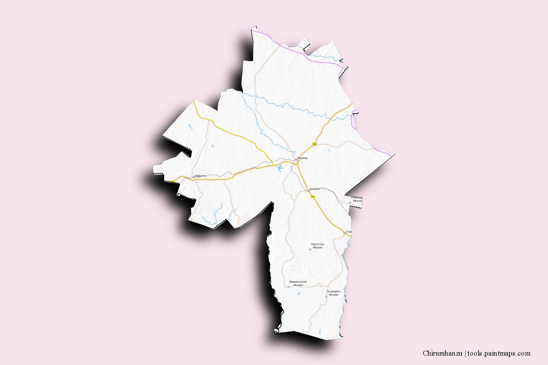 Mapa de barrios y pueblos de Chirumhanzu con efecto de sombra 3D