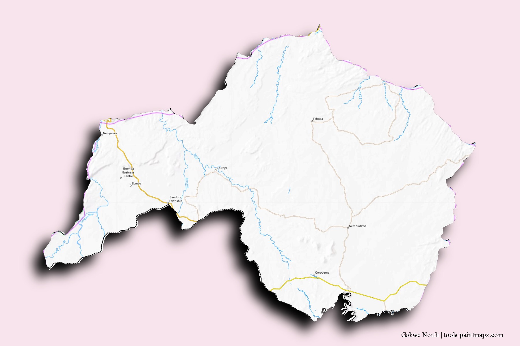 Mapa de barrios y pueblos de Gokwe North con efecto de sombra 3D