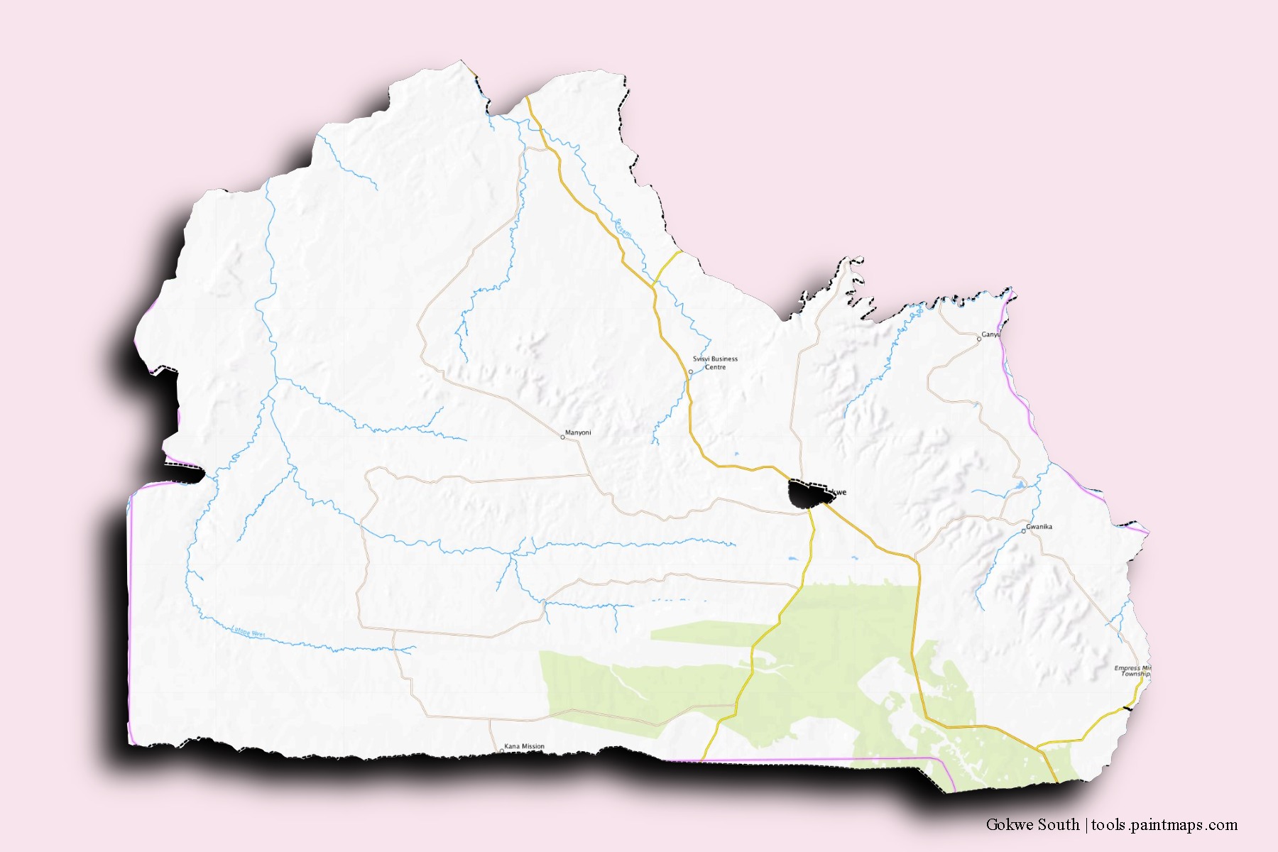3D gölge efektli Gokwe South mahalleleri ve köyleri haritası