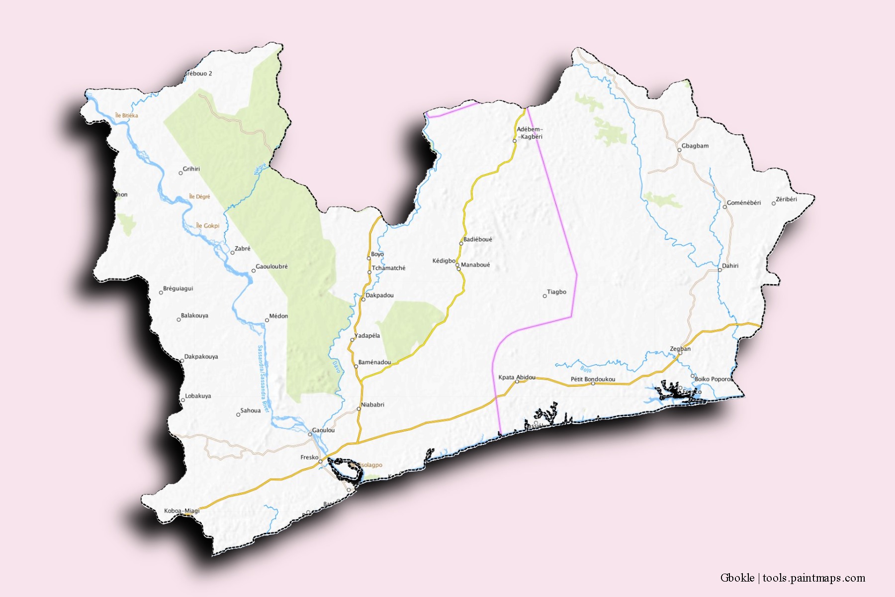 Mapa de barrios y pueblos de Gbokle con efecto de sombra 3D