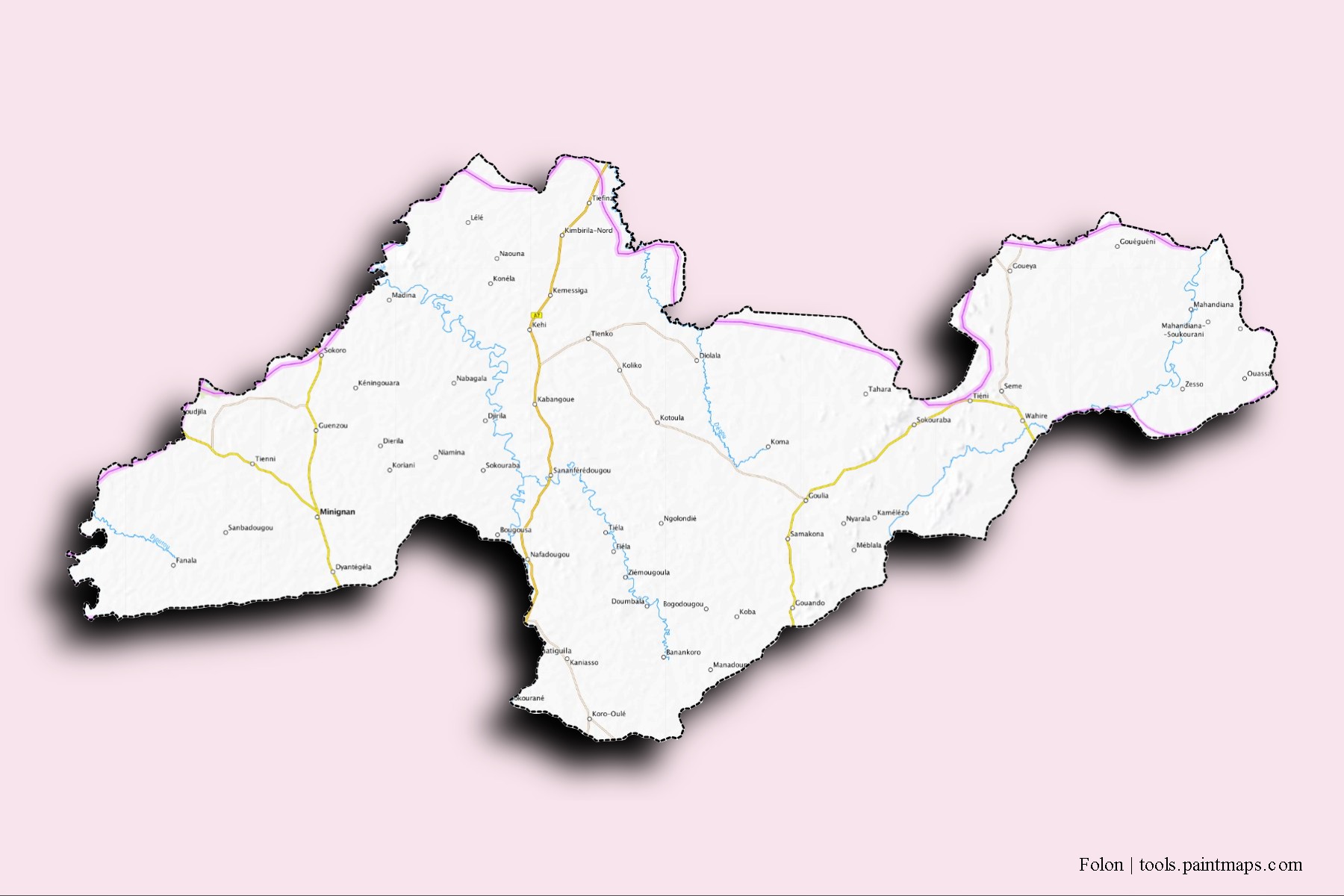 Mapa de barrios y pueblos de Folon con efecto de sombra 3D