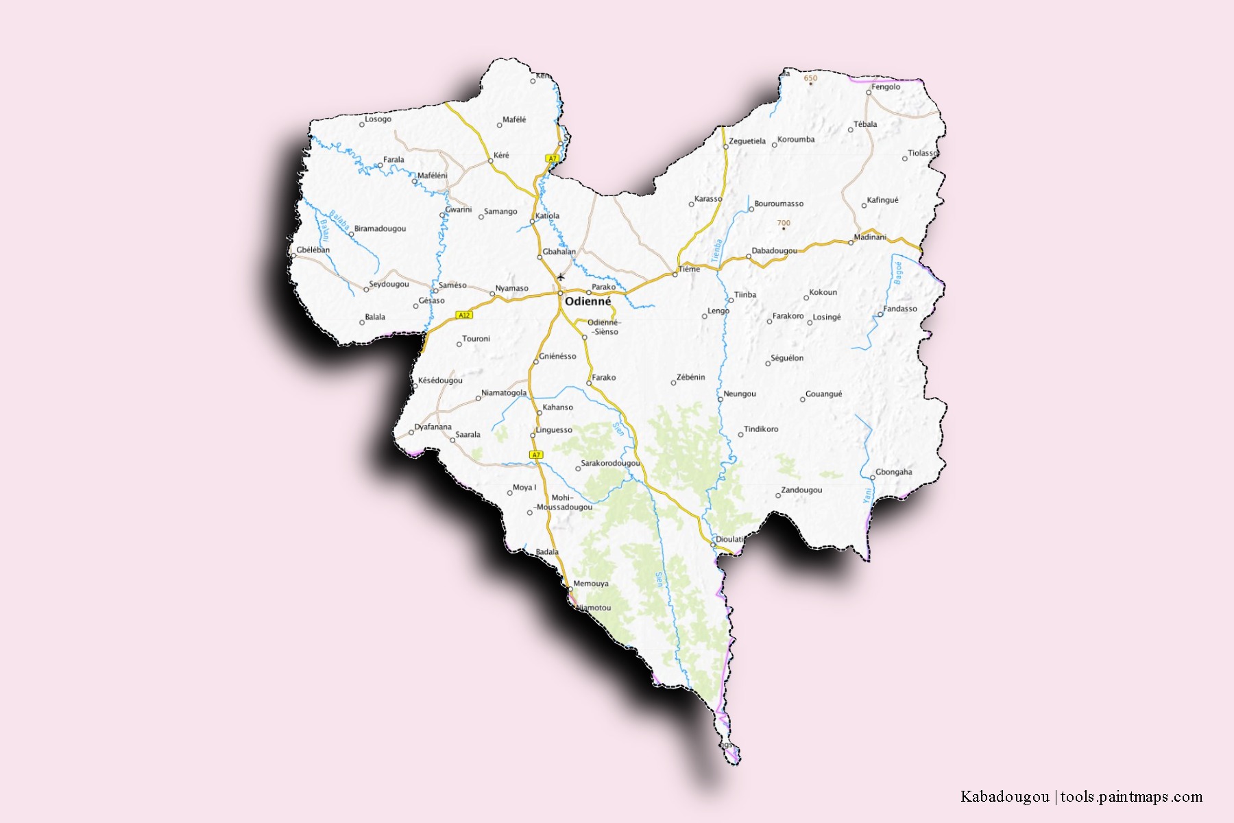 Mapa de barrios y pueblos de Kabadougou con efecto de sombra 3D