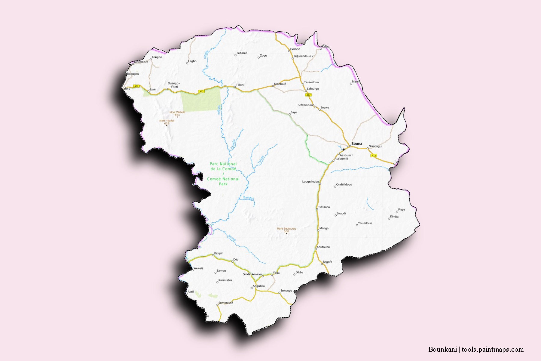 Mapa de barrios y pueblos de Bounkani con efecto de sombra 3D