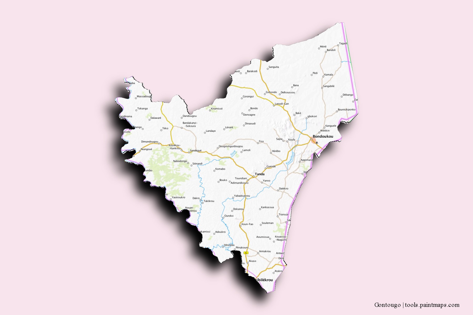 Mapa de barrios y pueblos de Gontougo con efecto de sombra 3D