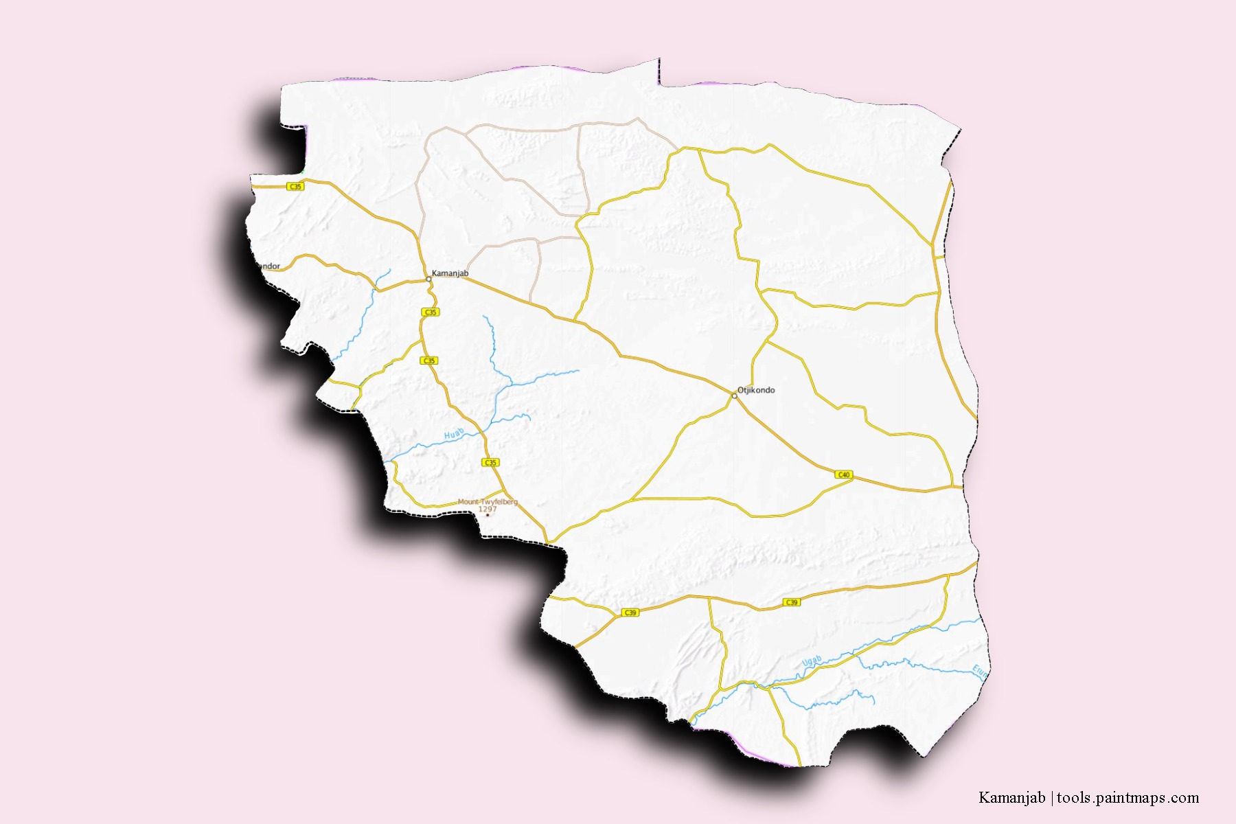 Mapa de barrios y pueblos de Kamanjab con efecto de sombra 3D