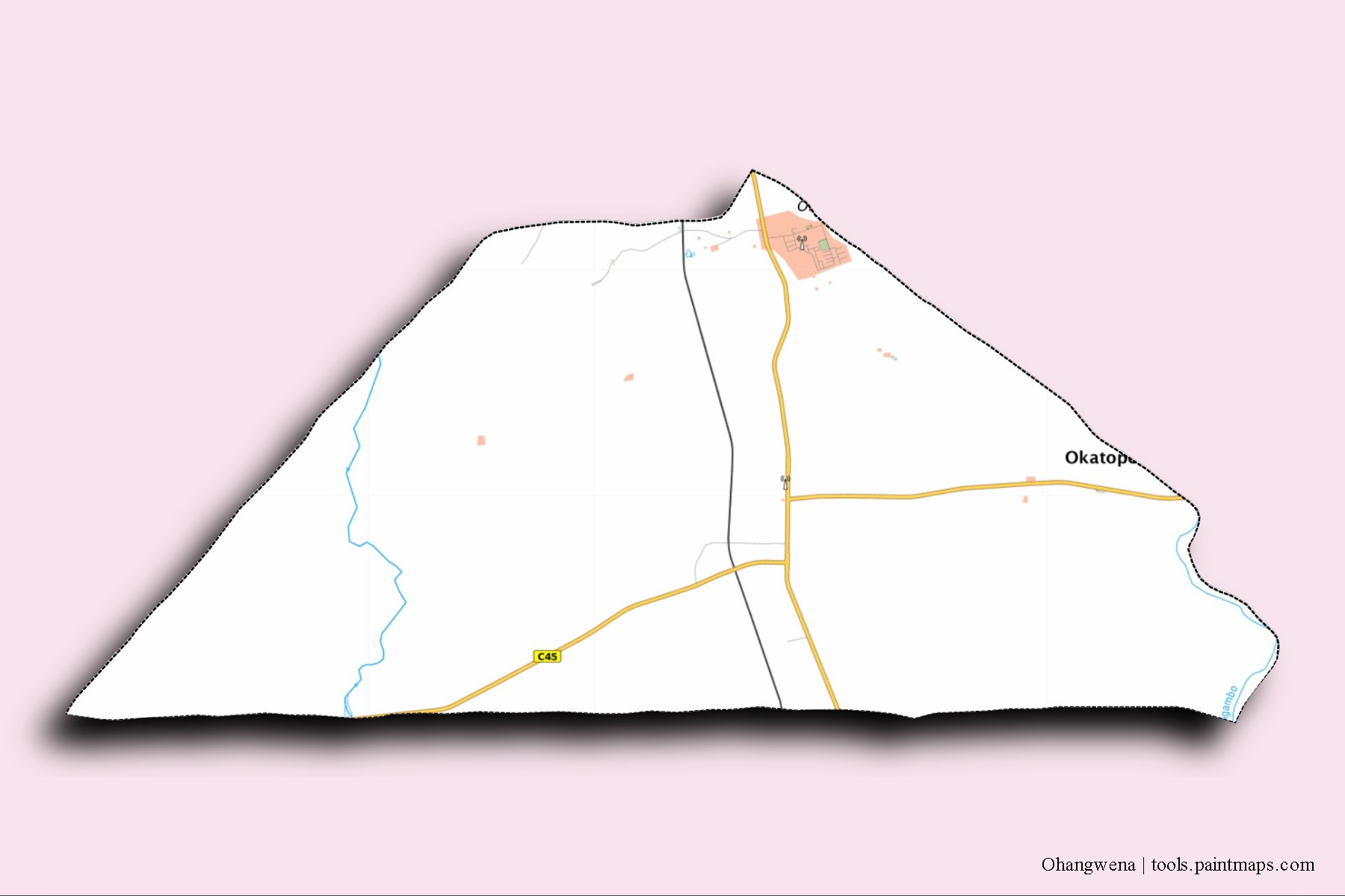 Mapa de barrios y pueblos de Ohangwena con efecto de sombra 3D