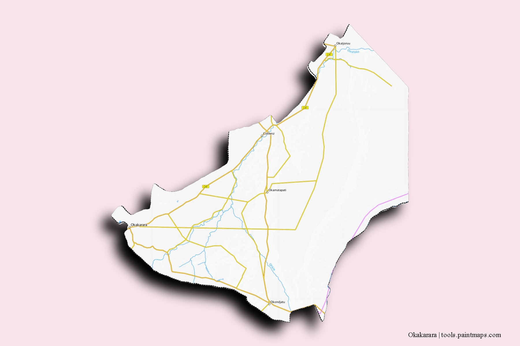 Mapa de barrios y pueblos de Okakarara con efecto de sombra 3D