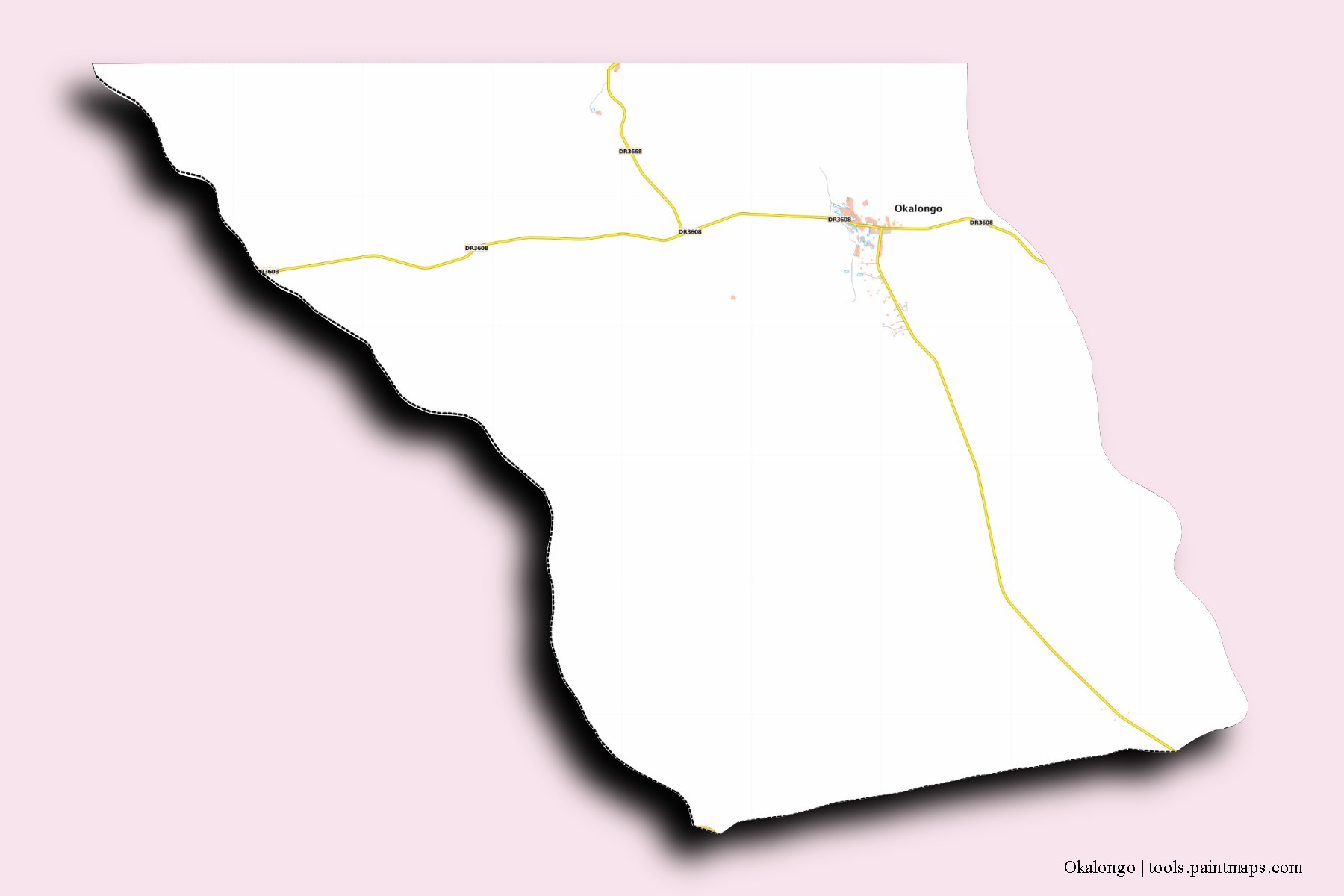 Mapa de barrios y pueblos de Okalongo con efecto de sombra 3D