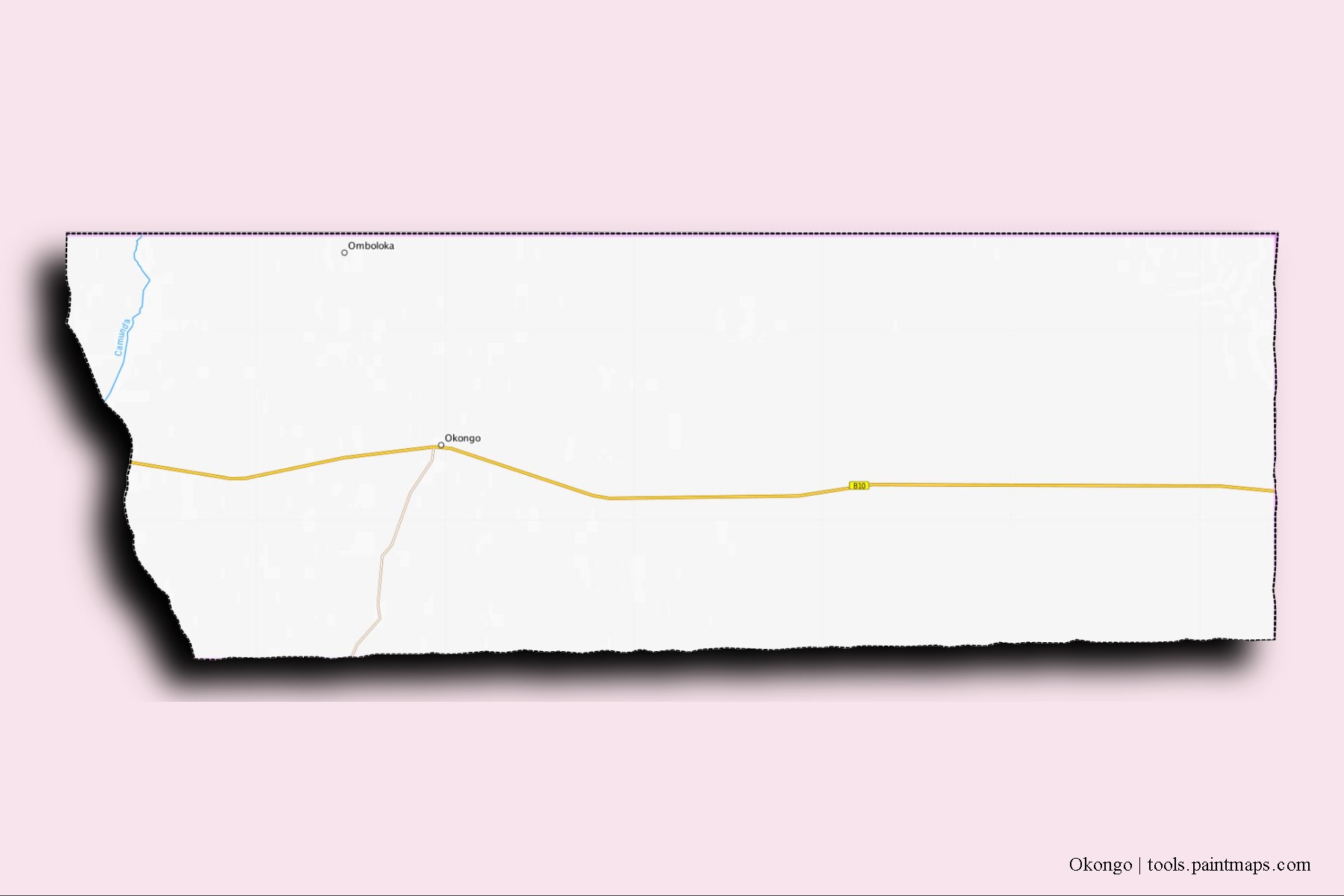Mapa de barrios y pueblos de Okongo con efecto de sombra 3D