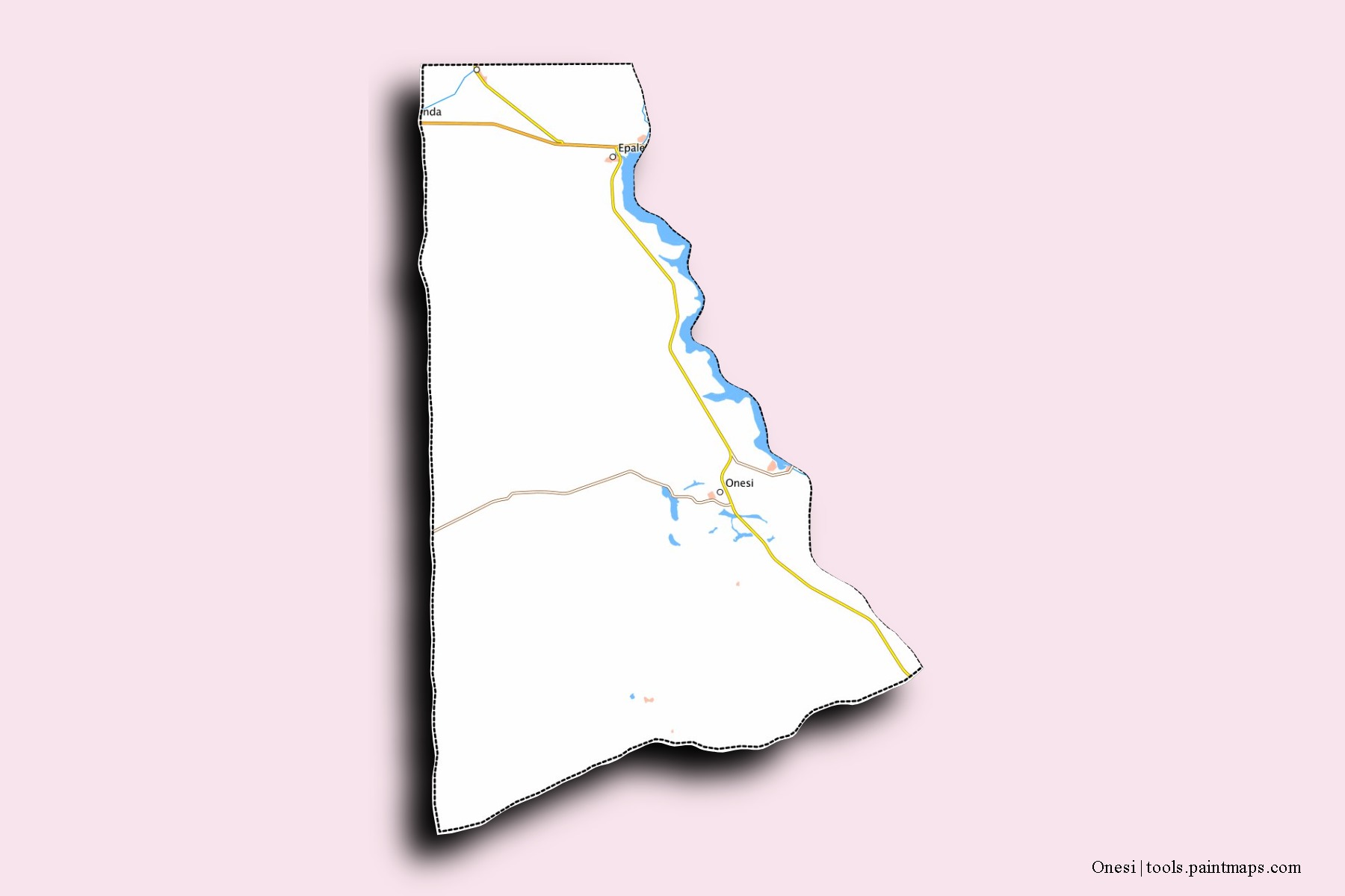 Mapa de barrios y pueblos de Onesi con efecto de sombra 3D