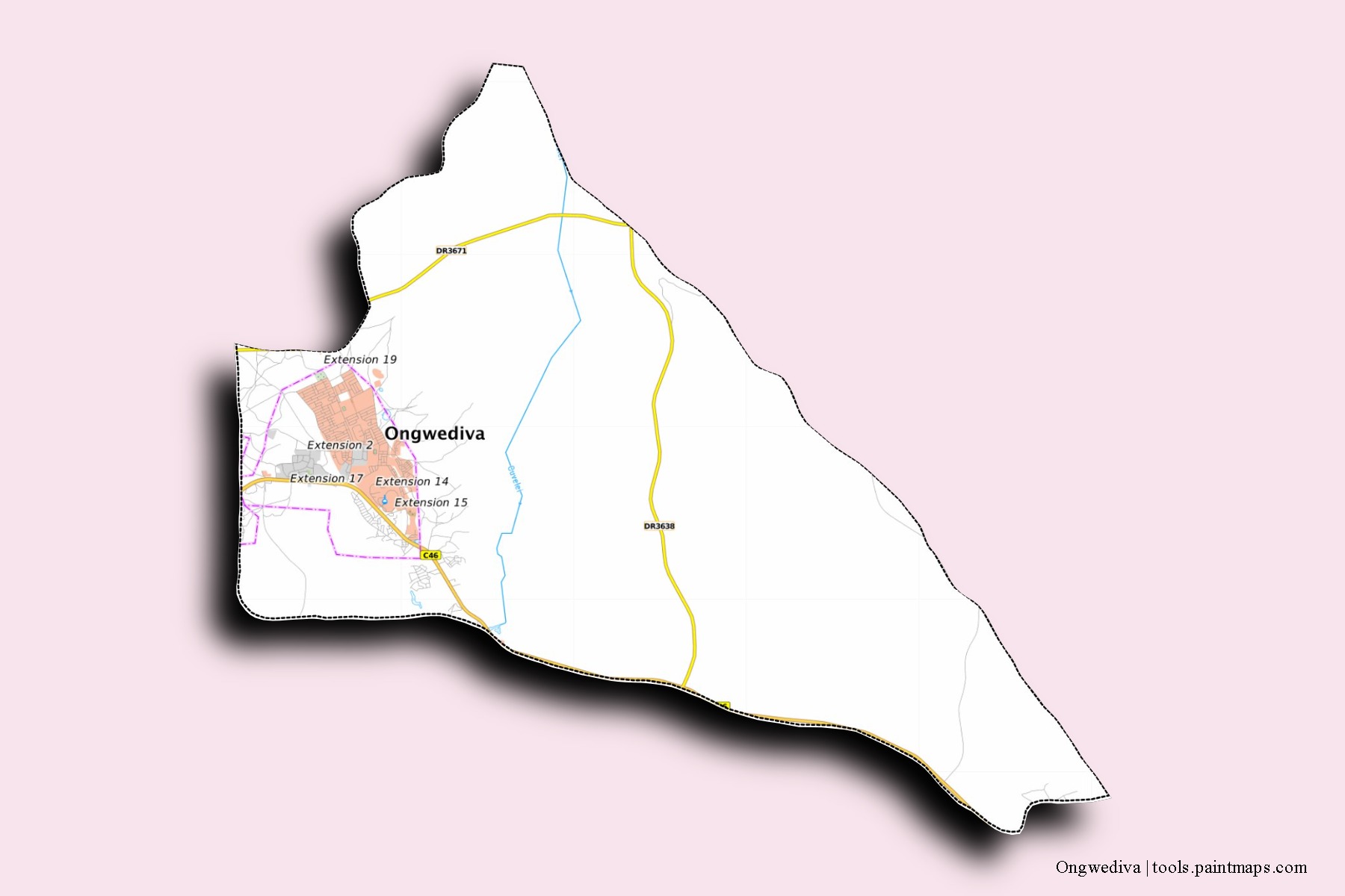 3D gölge efektli Ongwediva mahalleleri ve köyleri haritası
