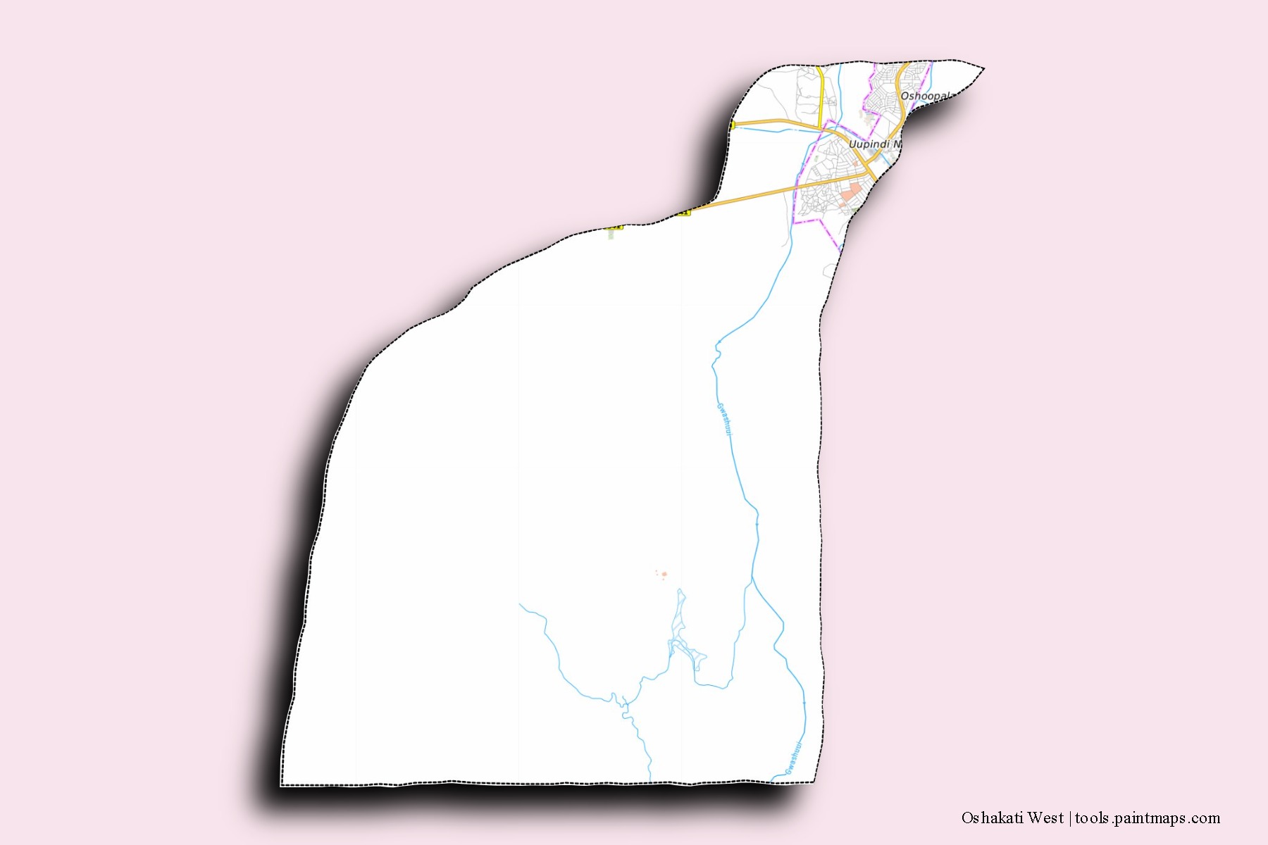 Mapa de barrios y pueblos de Oshakati West con efecto de sombra 3D