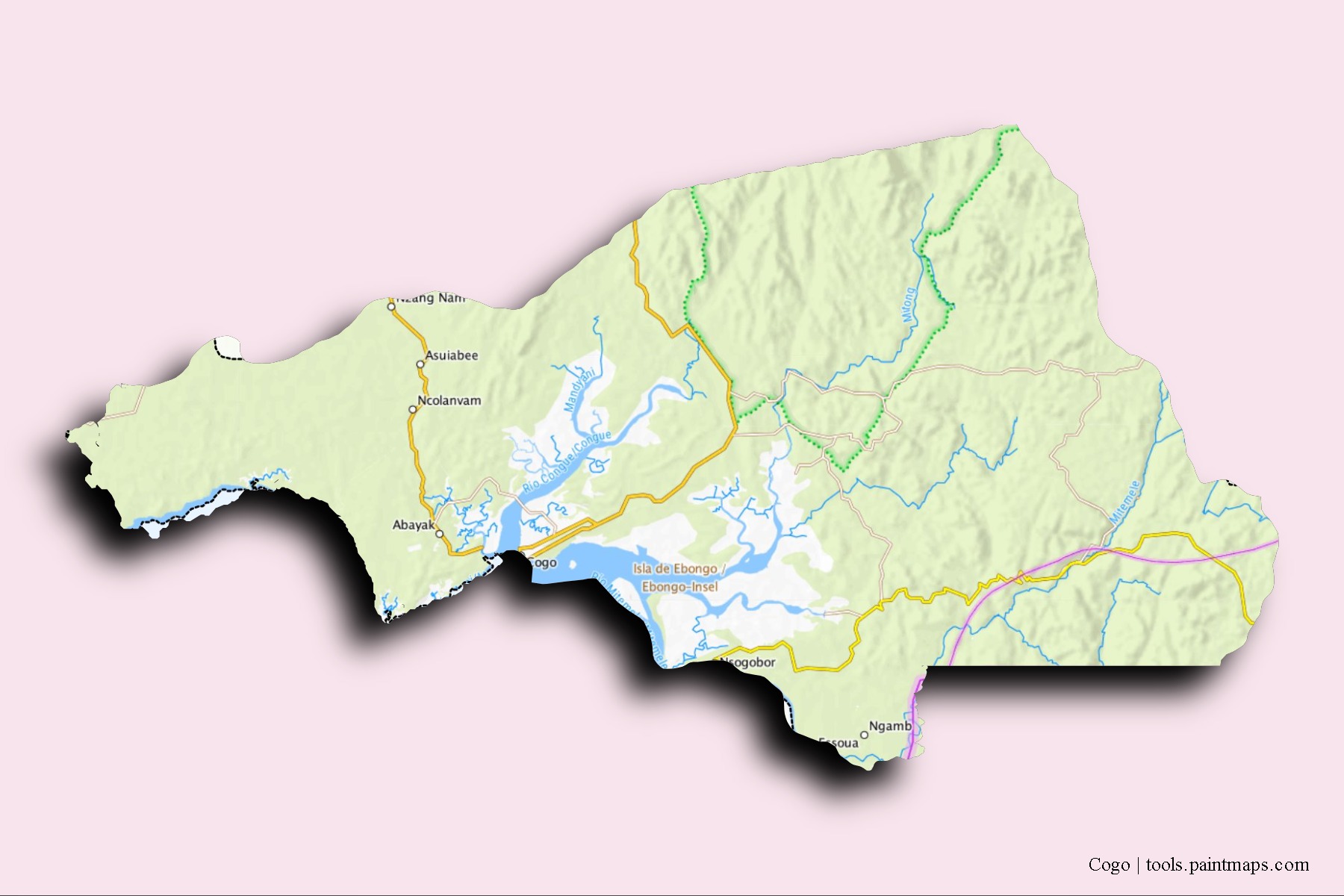 Mapa de barrios y pueblos de Cogo con efecto de sombra 3D