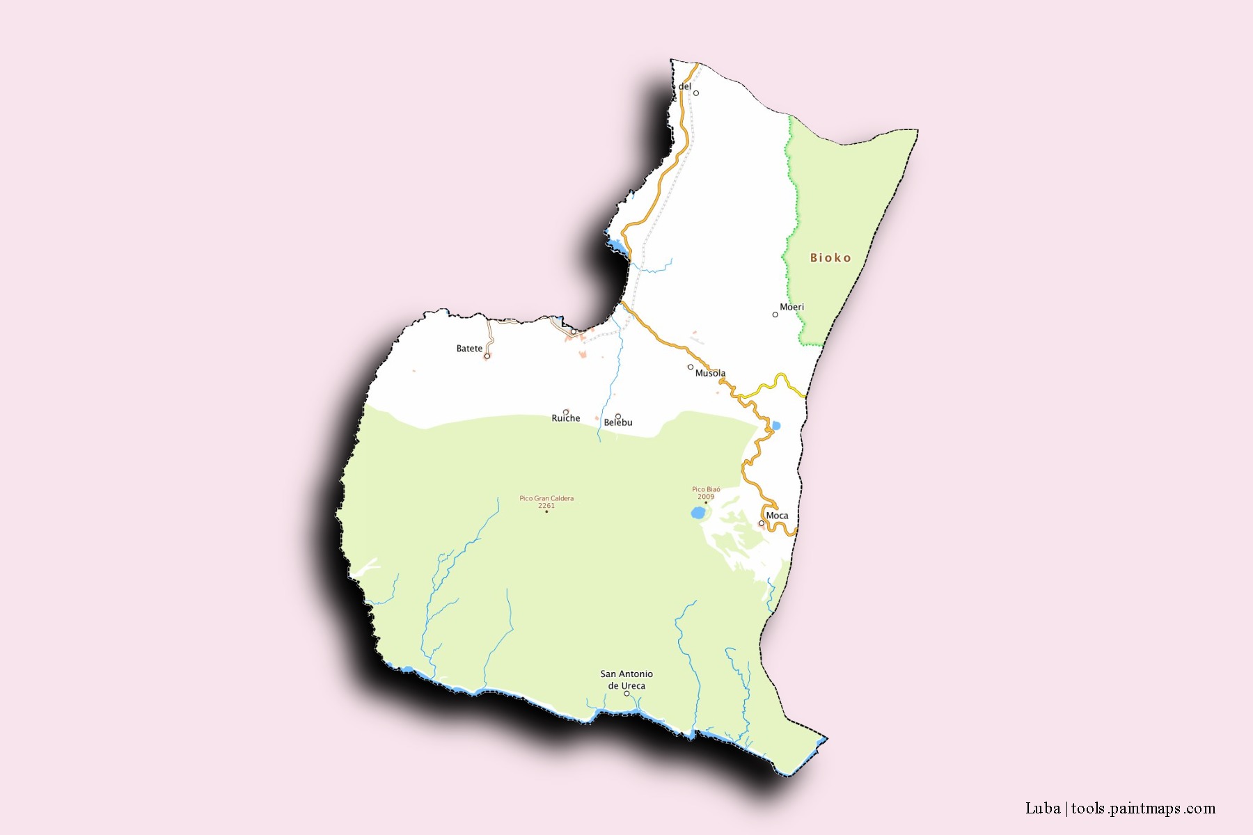 Mapa de barrios y pueblos de Luba con efecto de sombra 3D