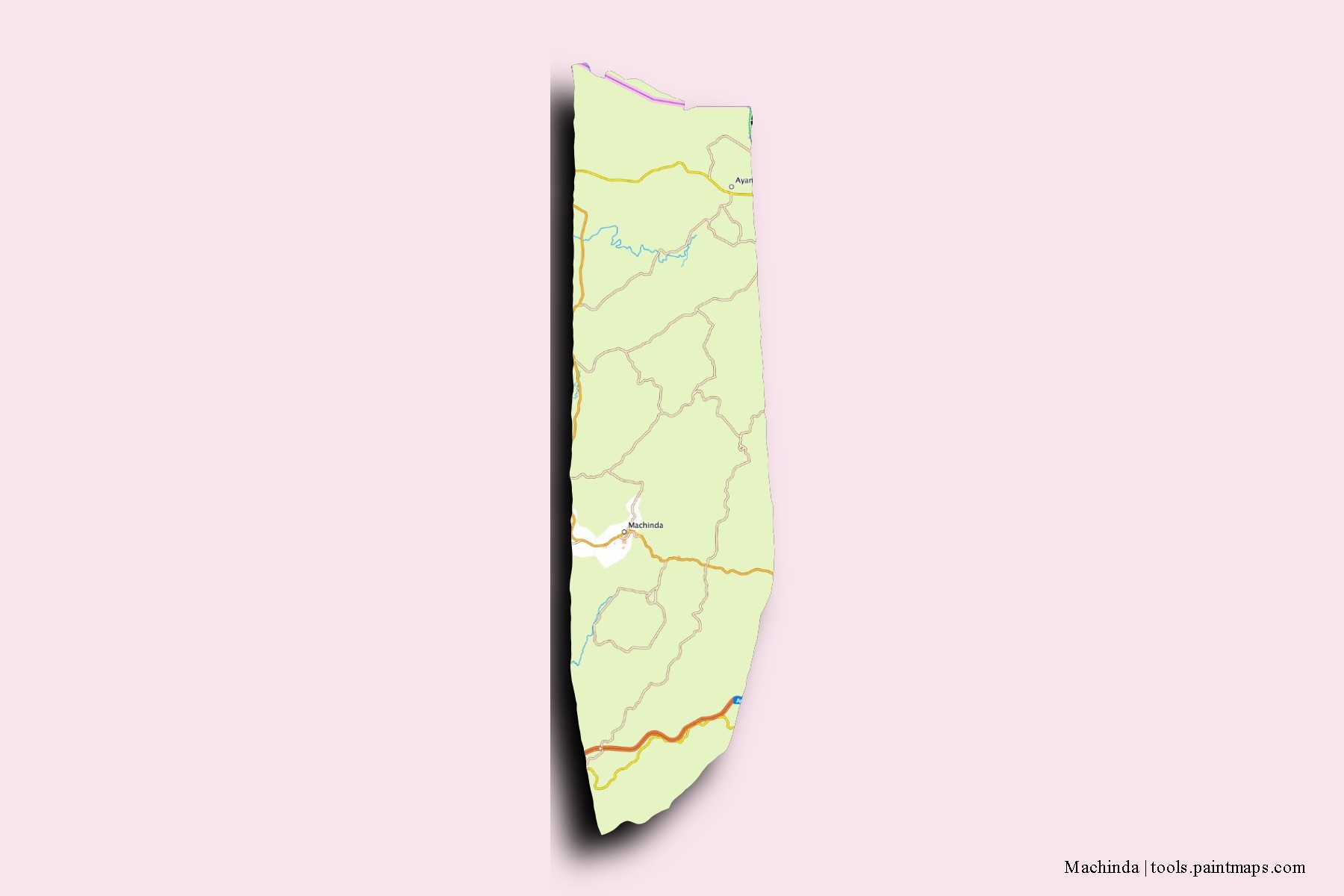 Mapa de barrios y pueblos de Machinda con efecto de sombra 3D