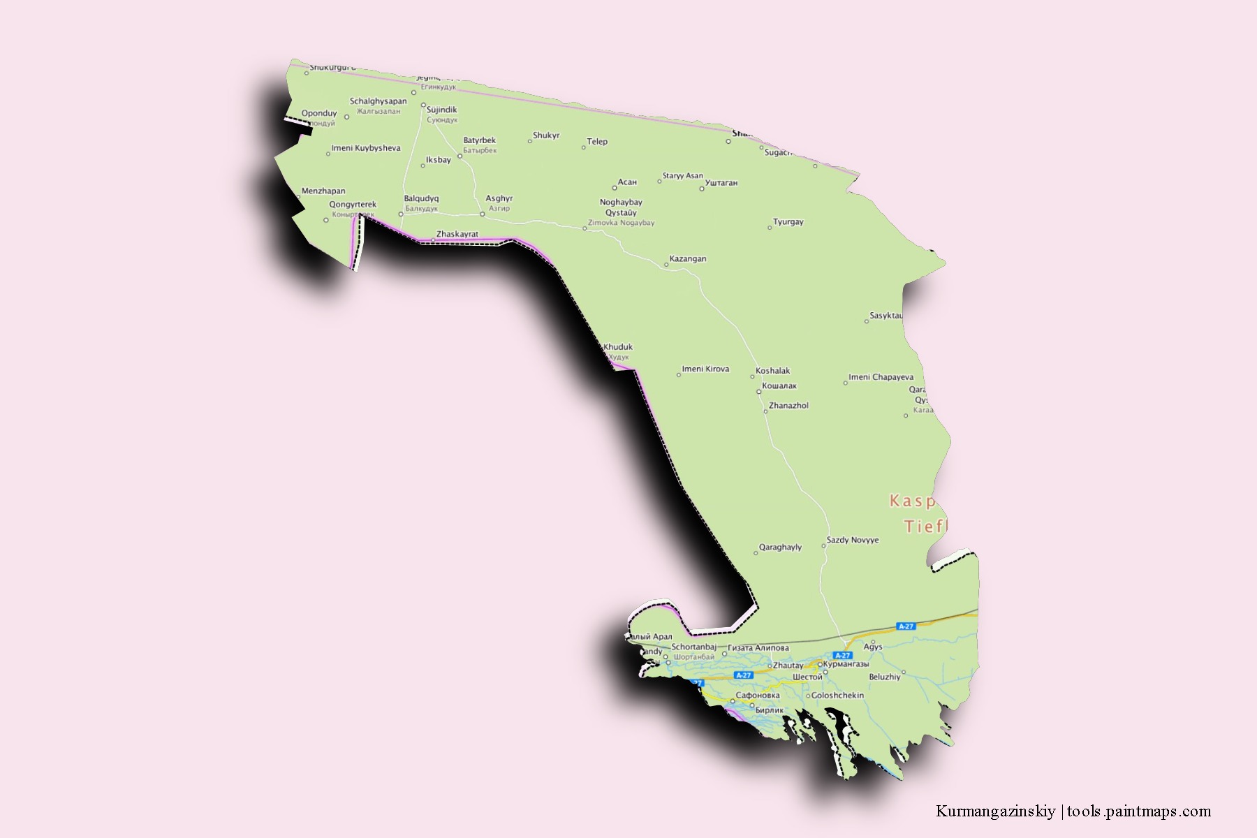 Mapa de barrios y pueblos de Kurmangazinskiy con efecto de sombra 3D