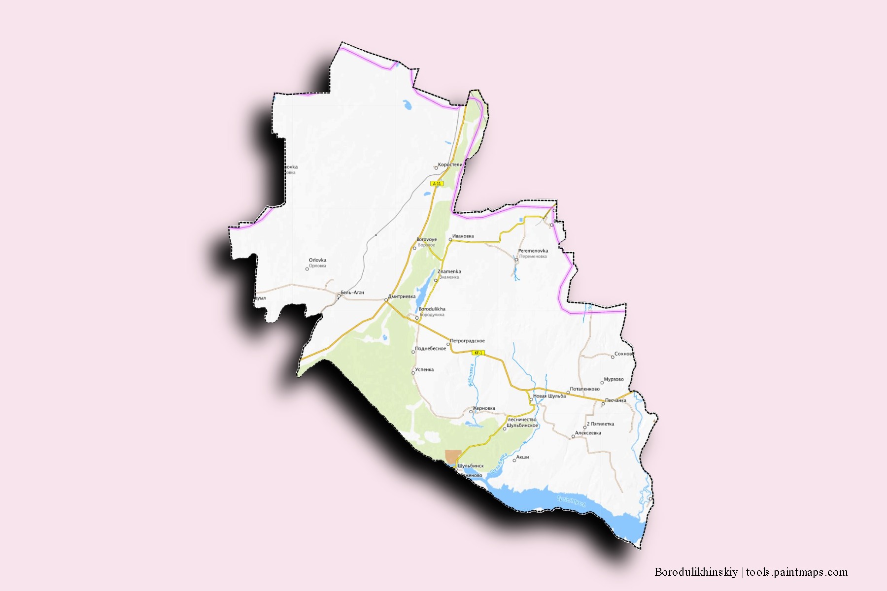 Mapa de barrios y pueblos de Borodulikhinskiy con efecto de sombra 3D