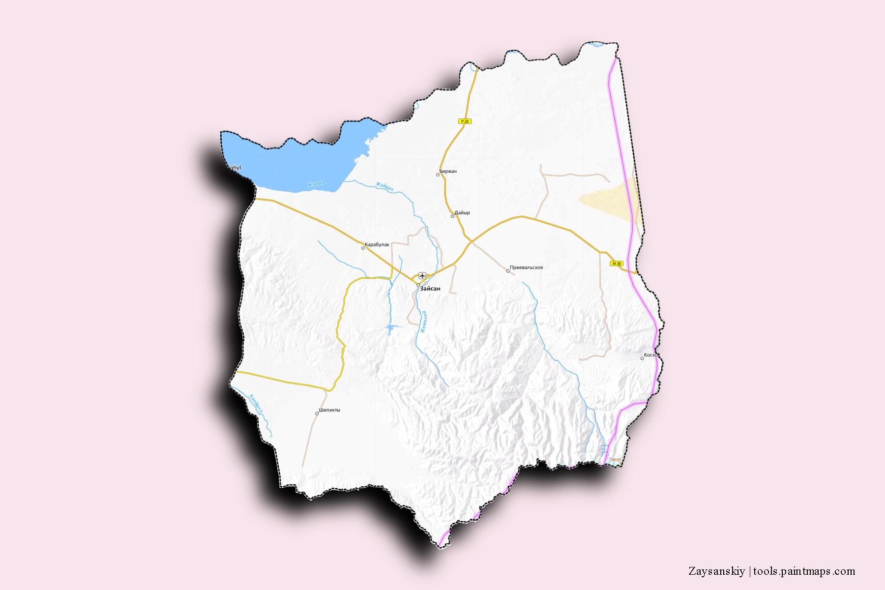 Mapa de barrios y pueblos de Zaysanskiy con efecto de sombra 3D