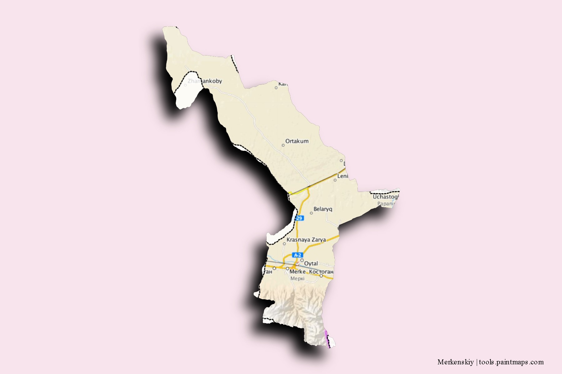 Mapa de barrios y pueblos de Merkenskiy con efecto de sombra 3D