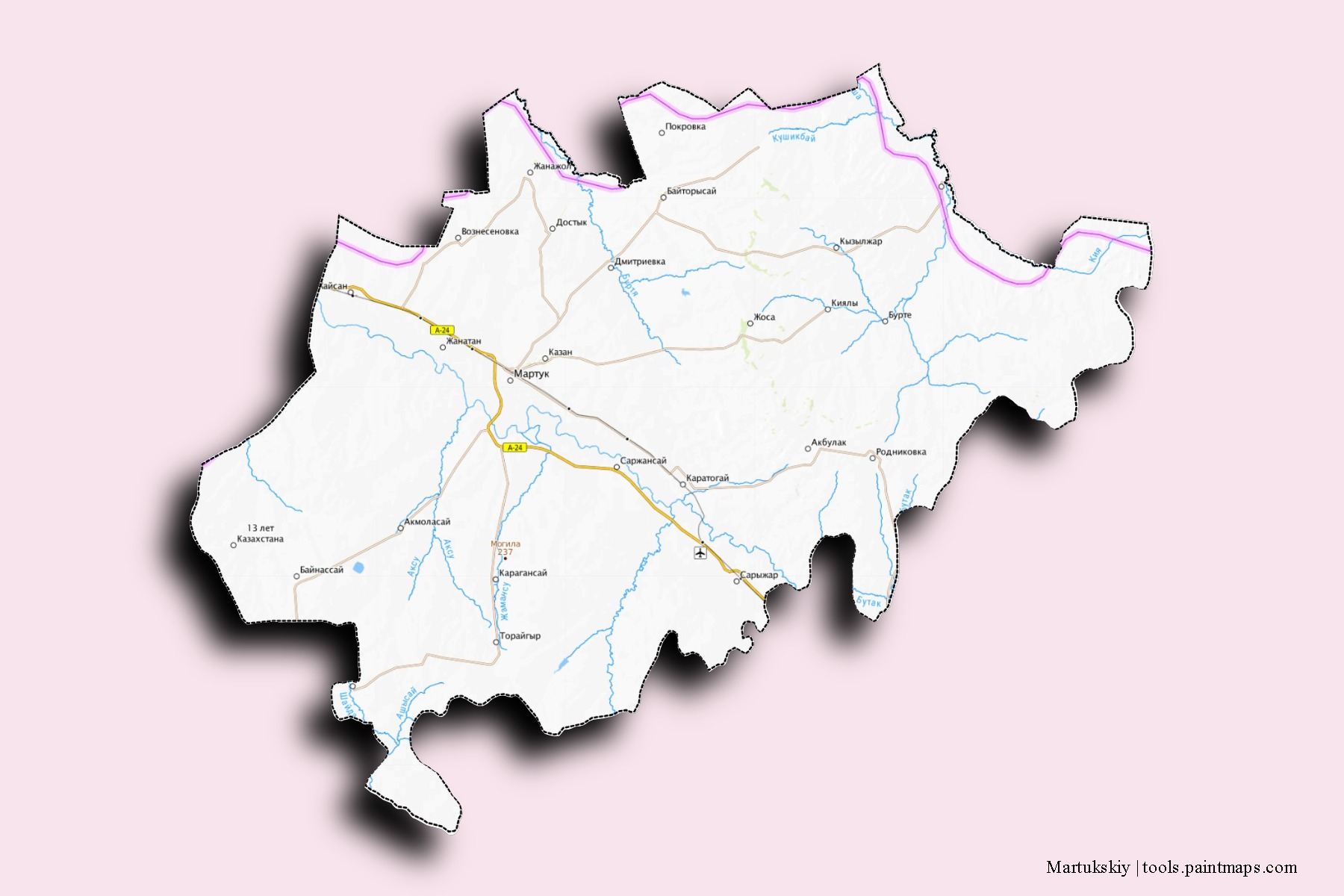 Mapa de barrios y pueblos de Martukskiy con efecto de sombra 3D