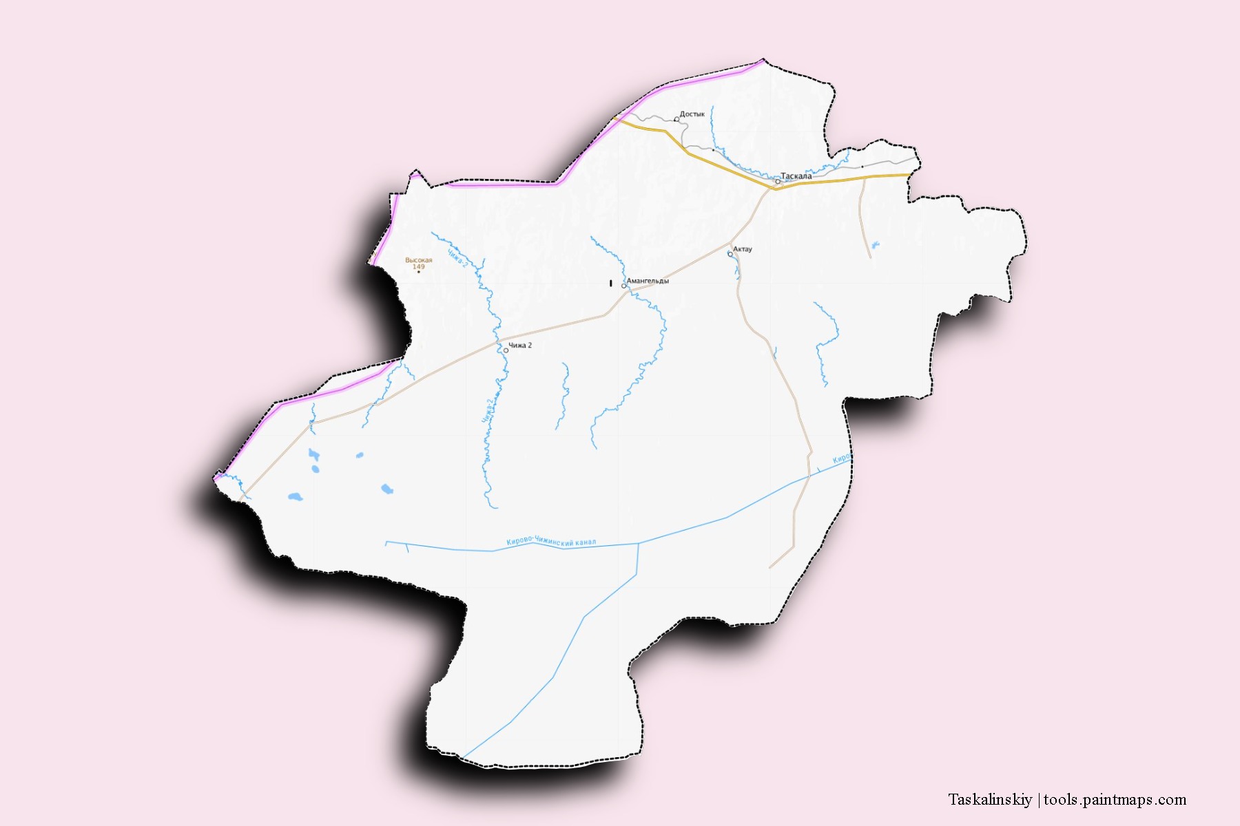 Mapa de barrios y pueblos de Taskalinskiy con efecto de sombra 3D