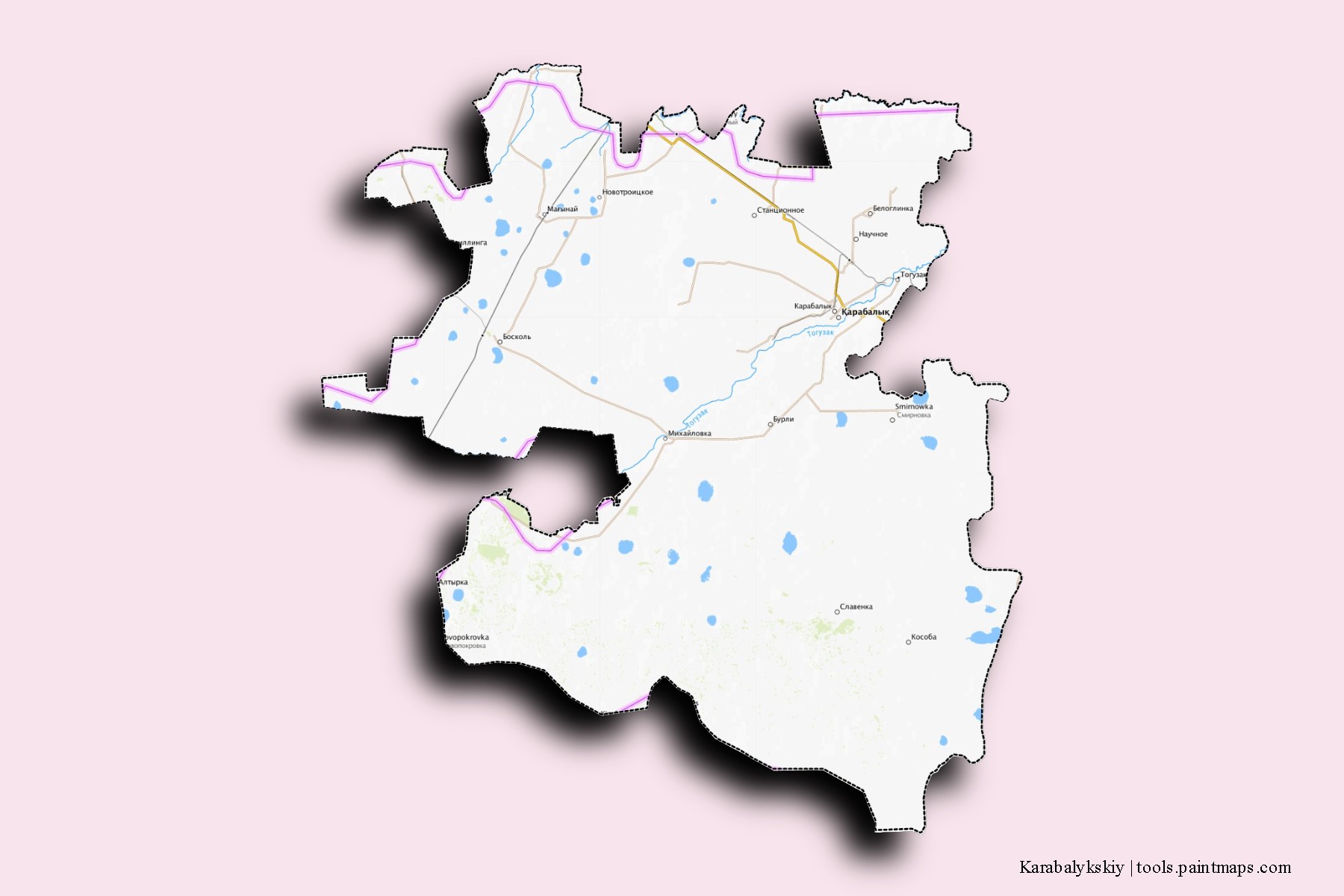 Mapa de barrios y pueblos de Karabalykskiy con efecto de sombra 3D