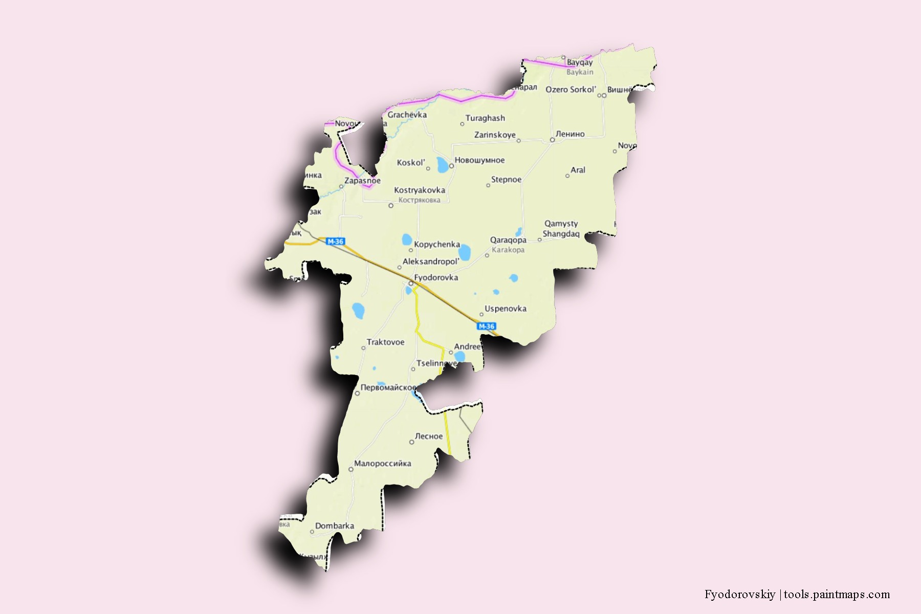 Mapa de barrios y pueblos de Fyodorovskiy con efecto de sombra 3D