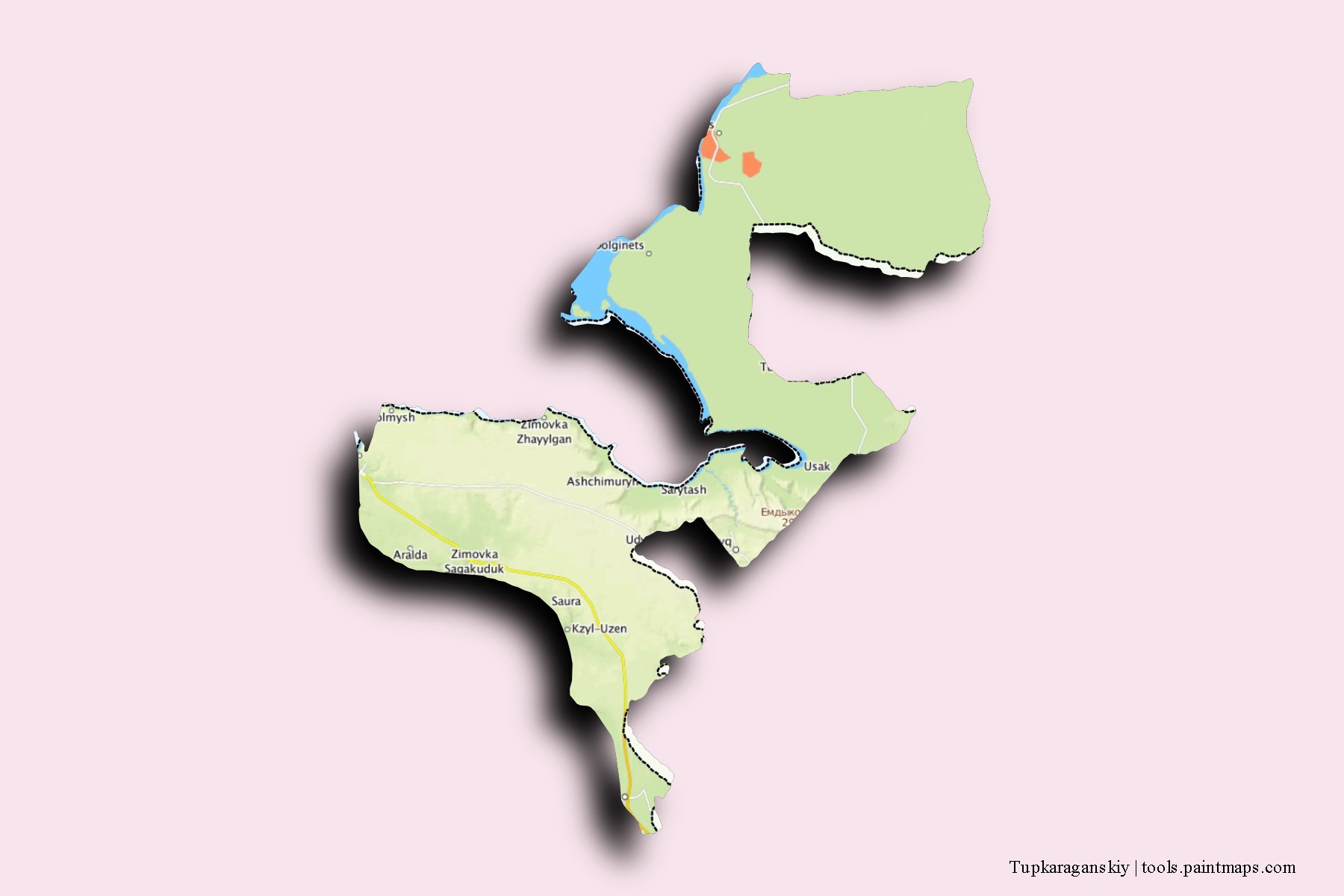 Mapa de barrios y pueblos de Tupkaraganskiy con efecto de sombra 3D