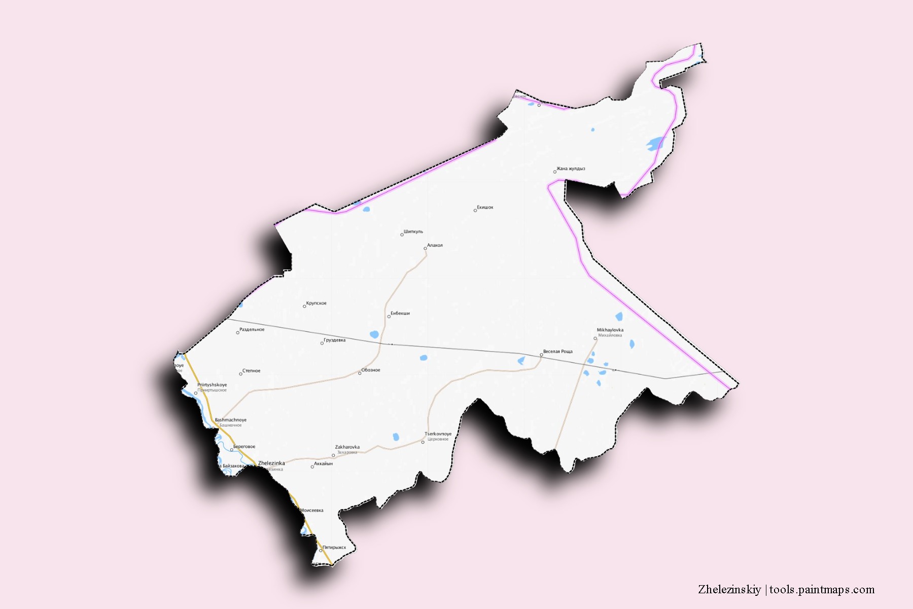 Mapa de barrios y pueblos de Zhelezinskiy con efecto de sombra 3D