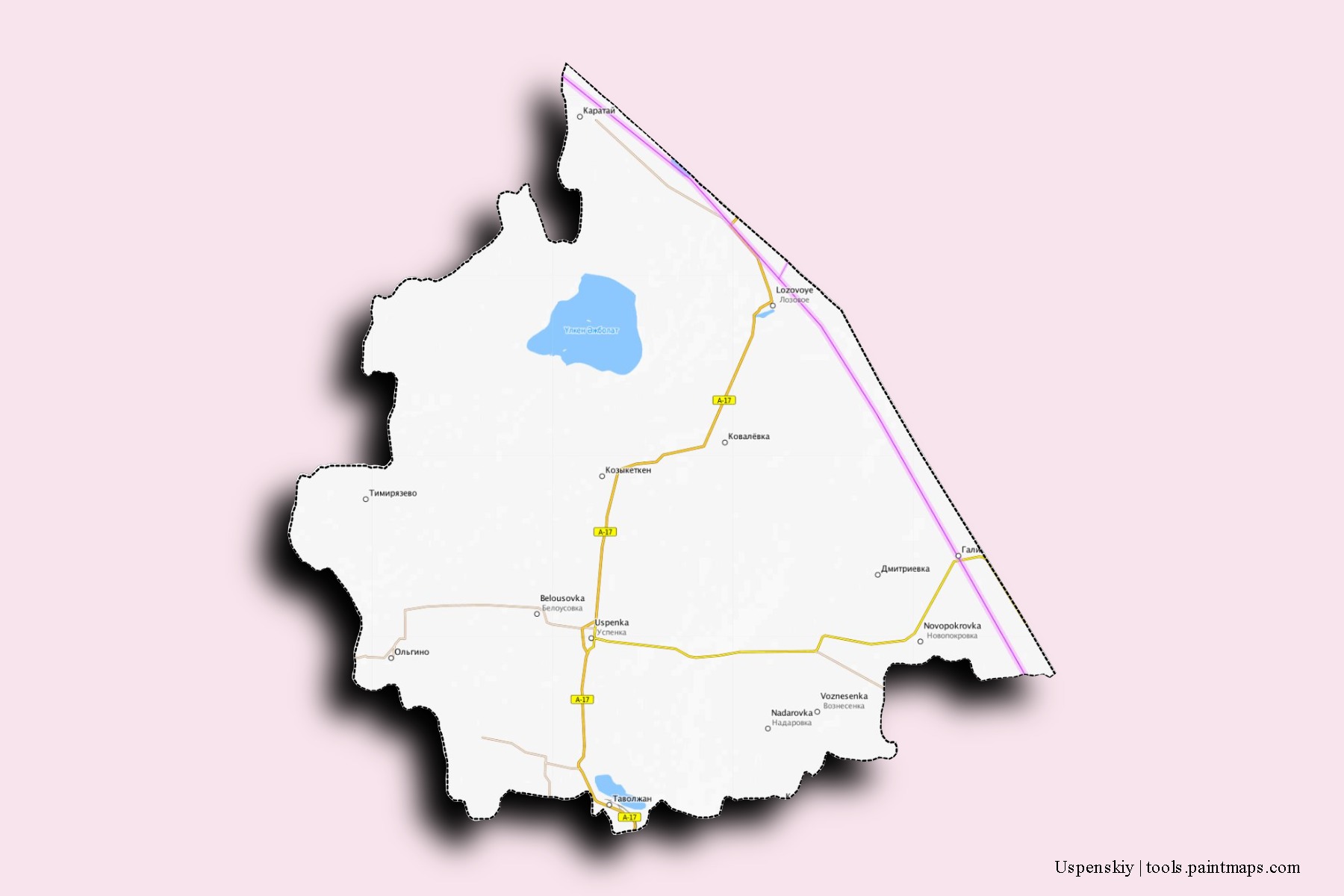 Mapa de barrios y pueblos de Uspenskiy con efecto de sombra 3D